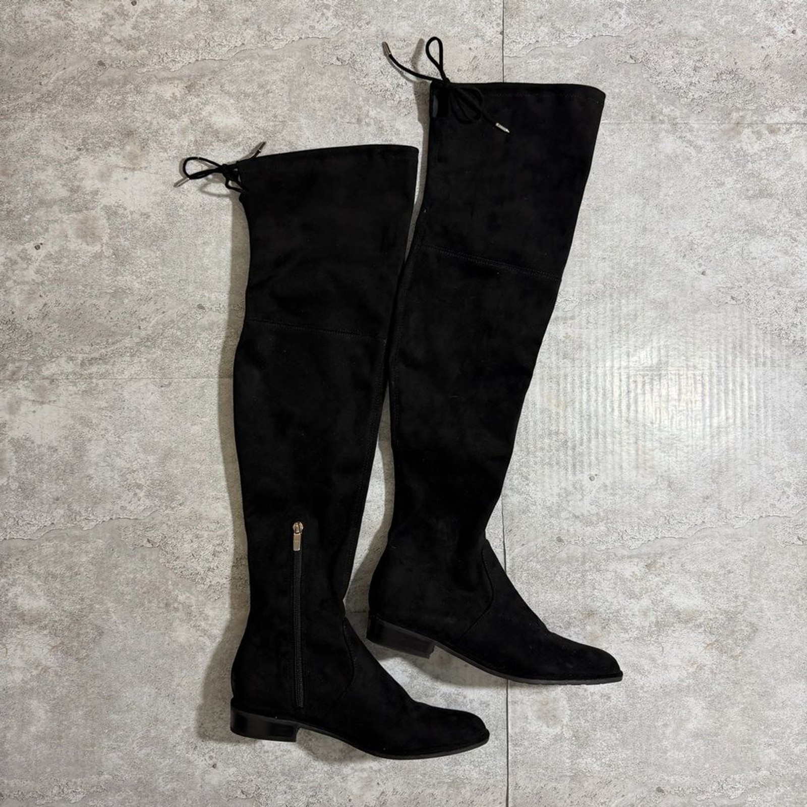 Marc Fisher Women Black Faux Suede Over The Knee Boots Low Heel Size 6M Tie Back