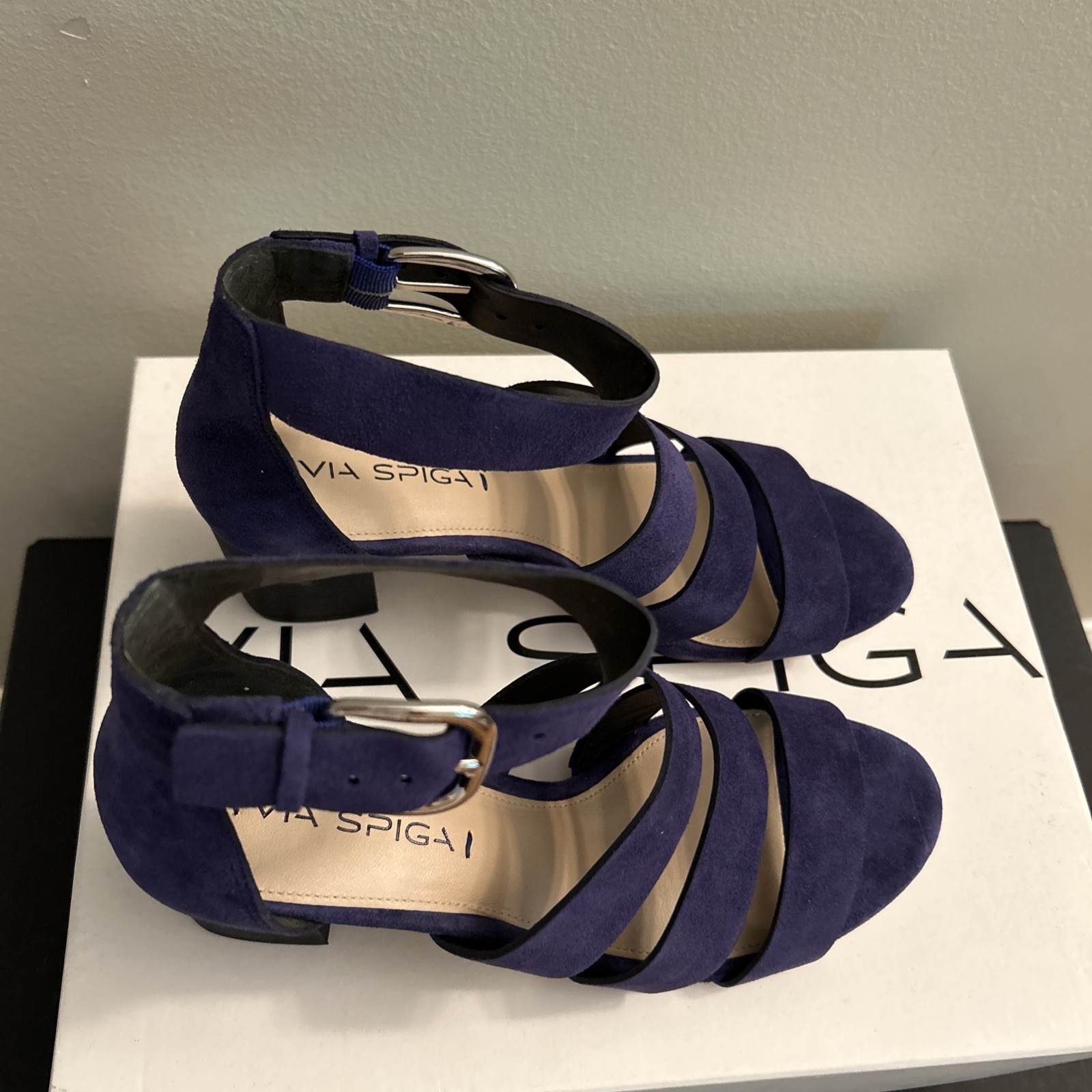 VIA SPIGA 8M EUR 38 Gorgeous Suede Sandals Block Heels Leather Soles NIB NEW