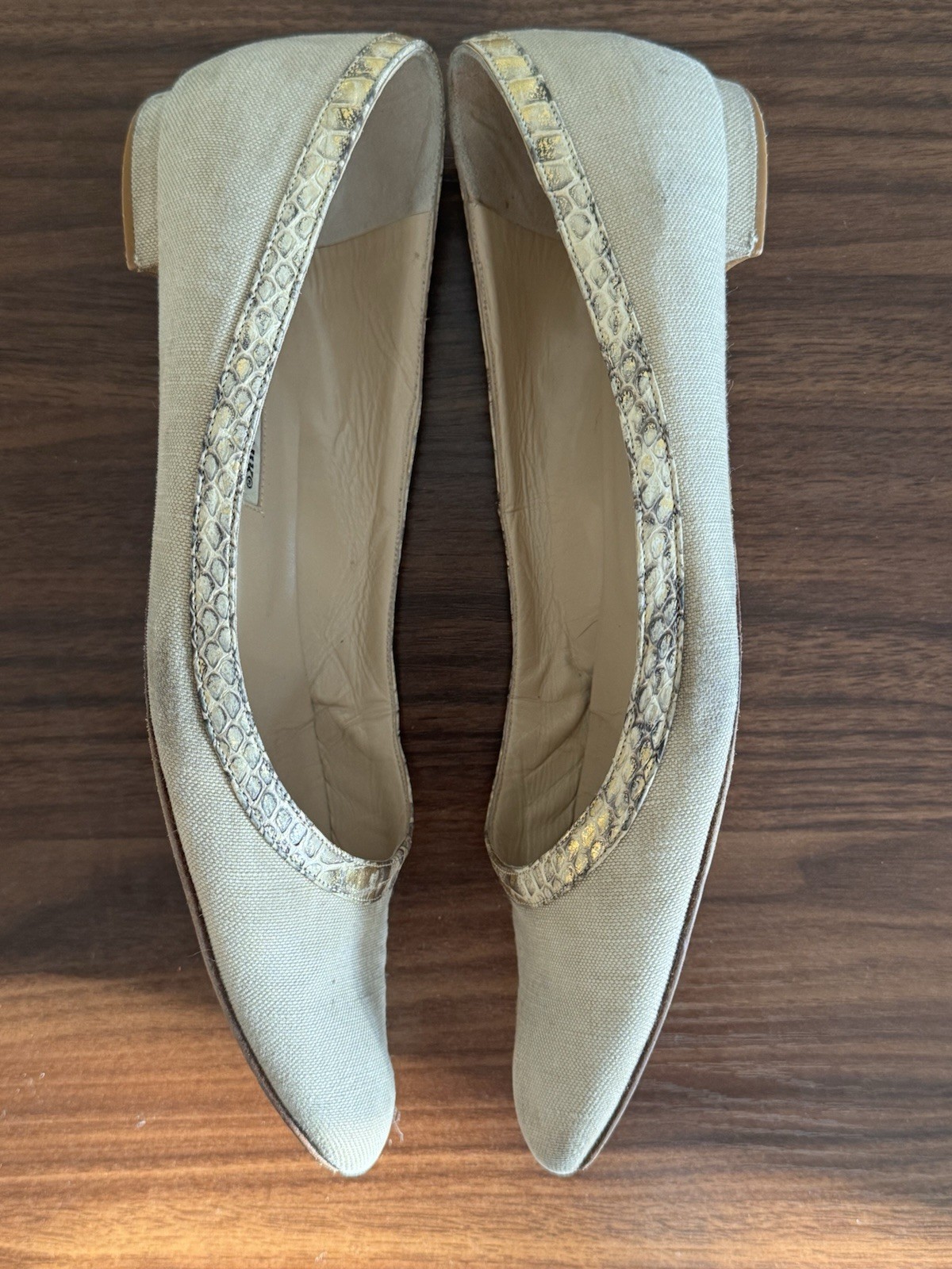 Manolo Blahnik Beige Canvas Pointed Toe Ballet Flats Snakeskin Trim US 7.5
