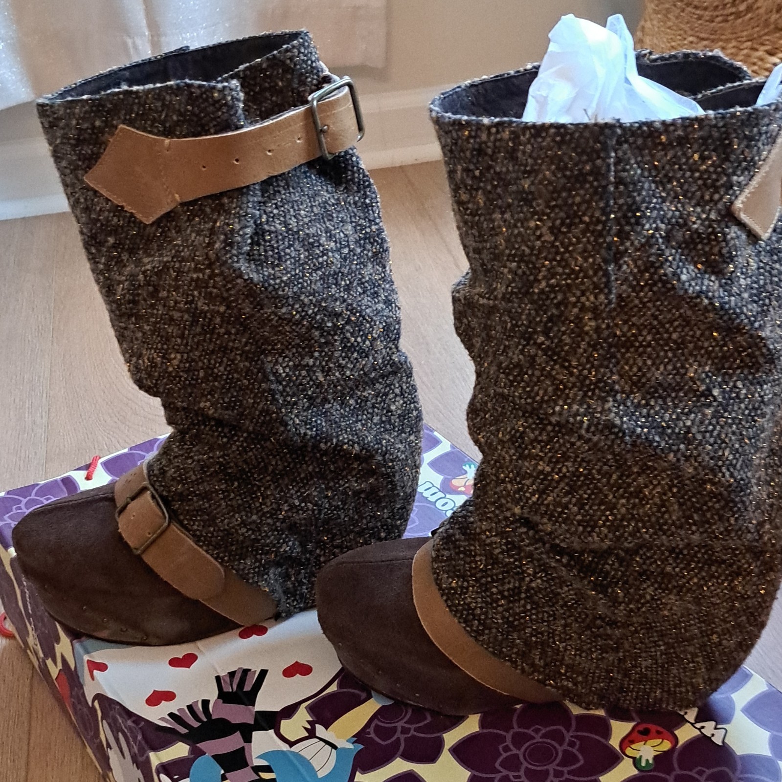 Irregular Choice Longer Lashes Brown Tweed Buckle Mid-Calf Boots US 7 EU40
