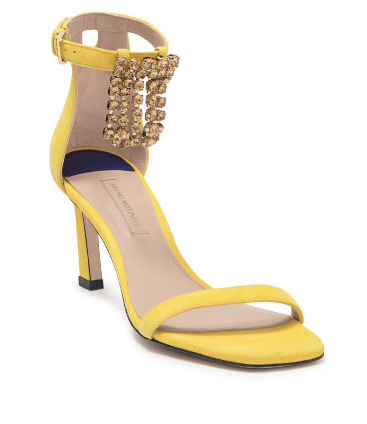 Stuart Weitzman Less Nudist Fringe Jewel Square Toe Yellow Suede Sandals 7 $545