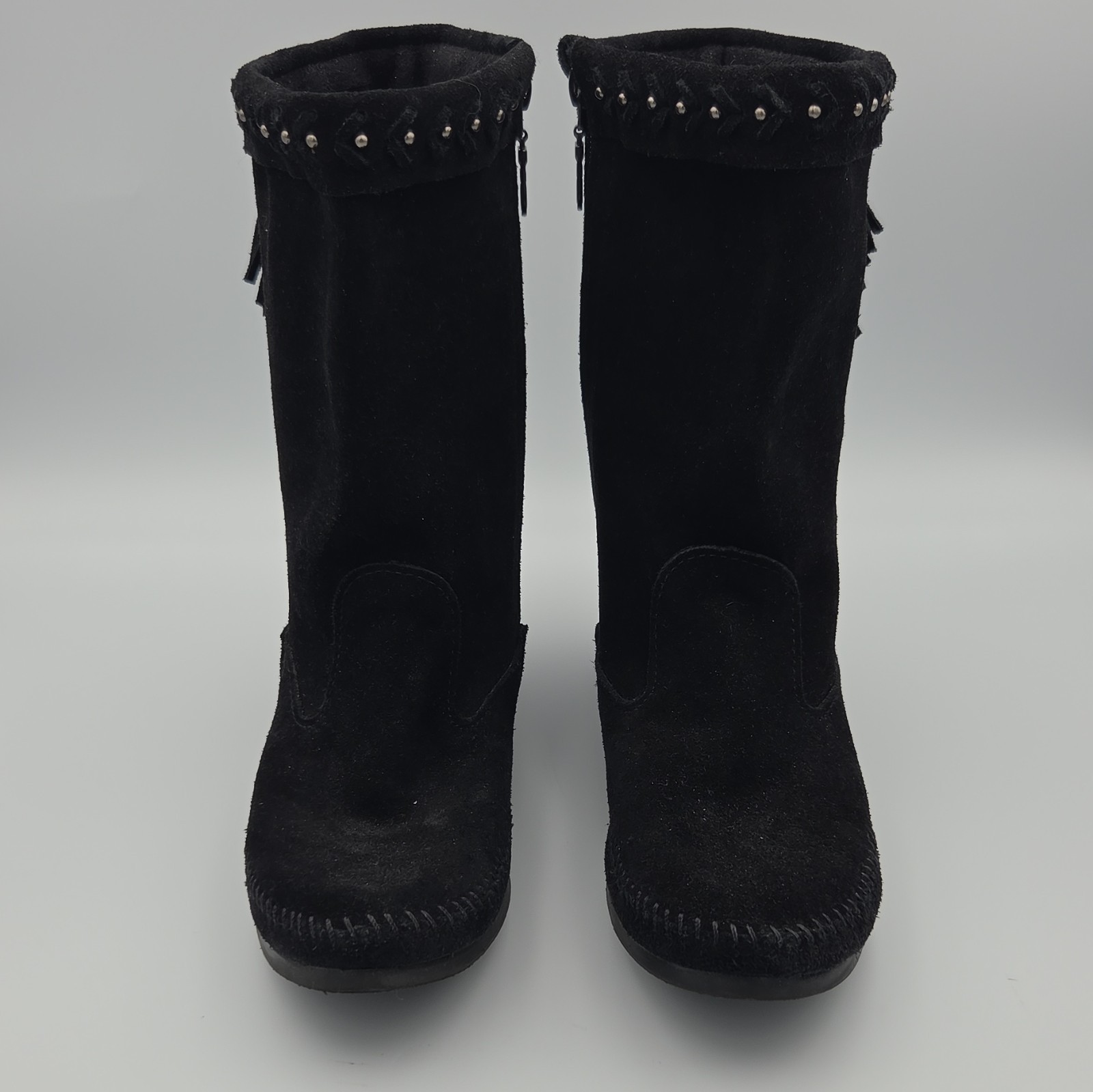 MINNETONKA Moccasin Boots Black Suede Fringe Style 1699 Womens Size 9