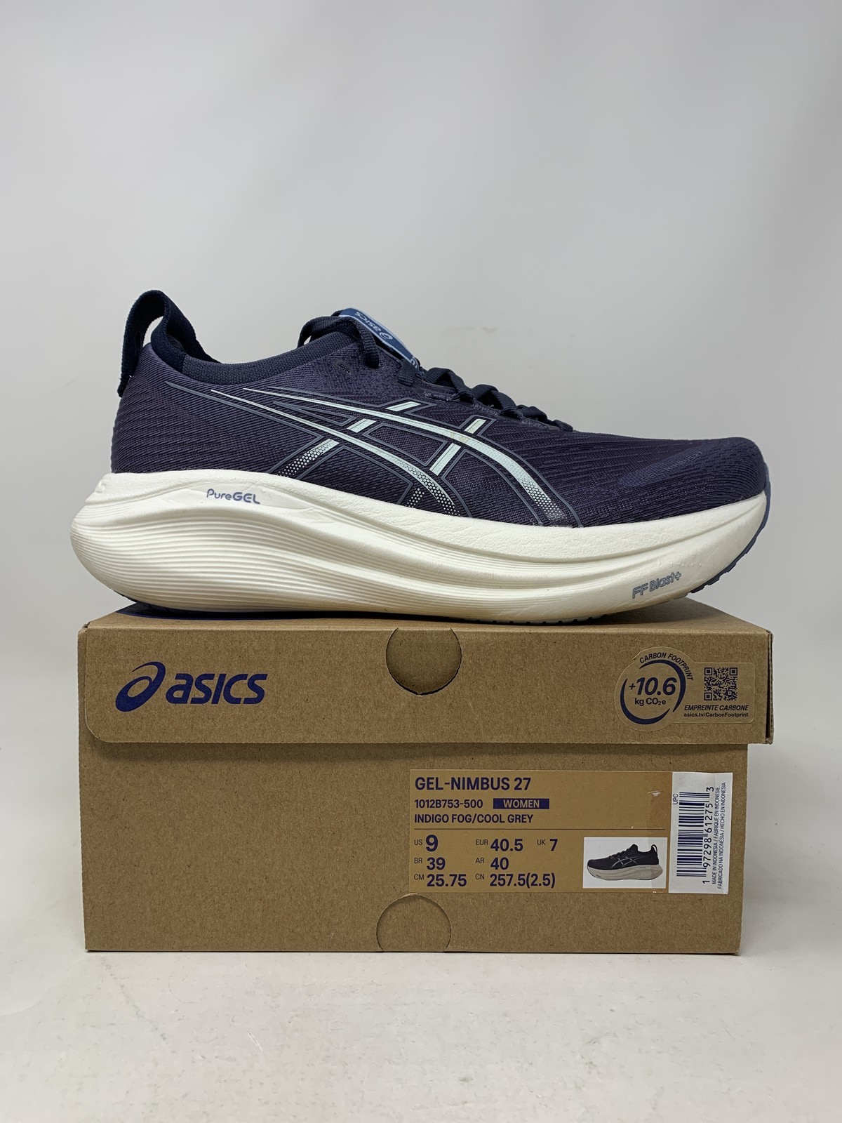 Women’s Asics Gel-Nimbus 27, Indigo Fog/Cool Grey, 9 B Medium US