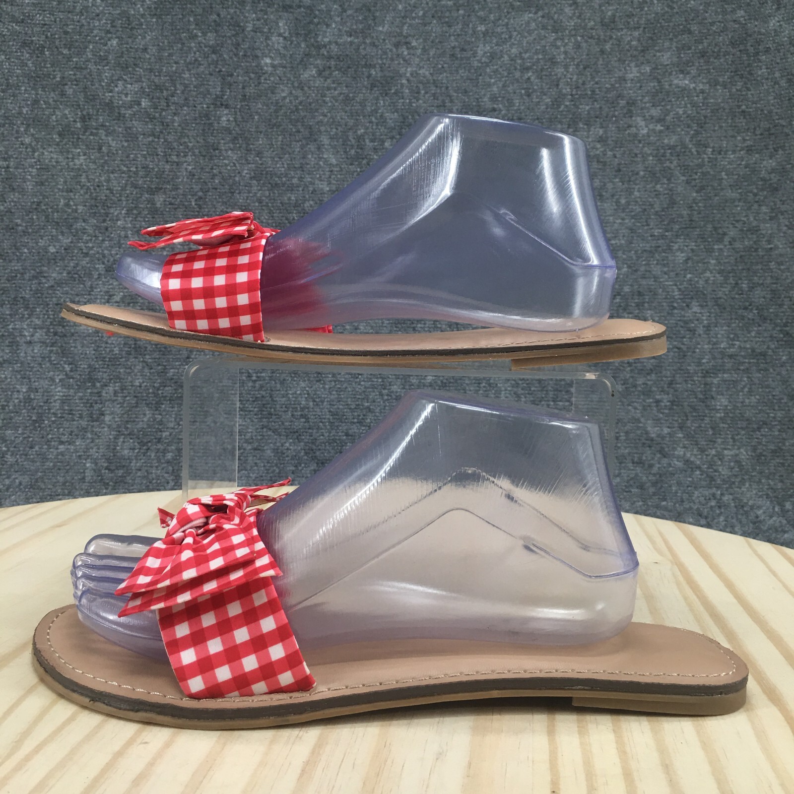 Time And Tru Sandals Womens 10 Bow Gingham Casual Slip On Slide Flats Red Fabric