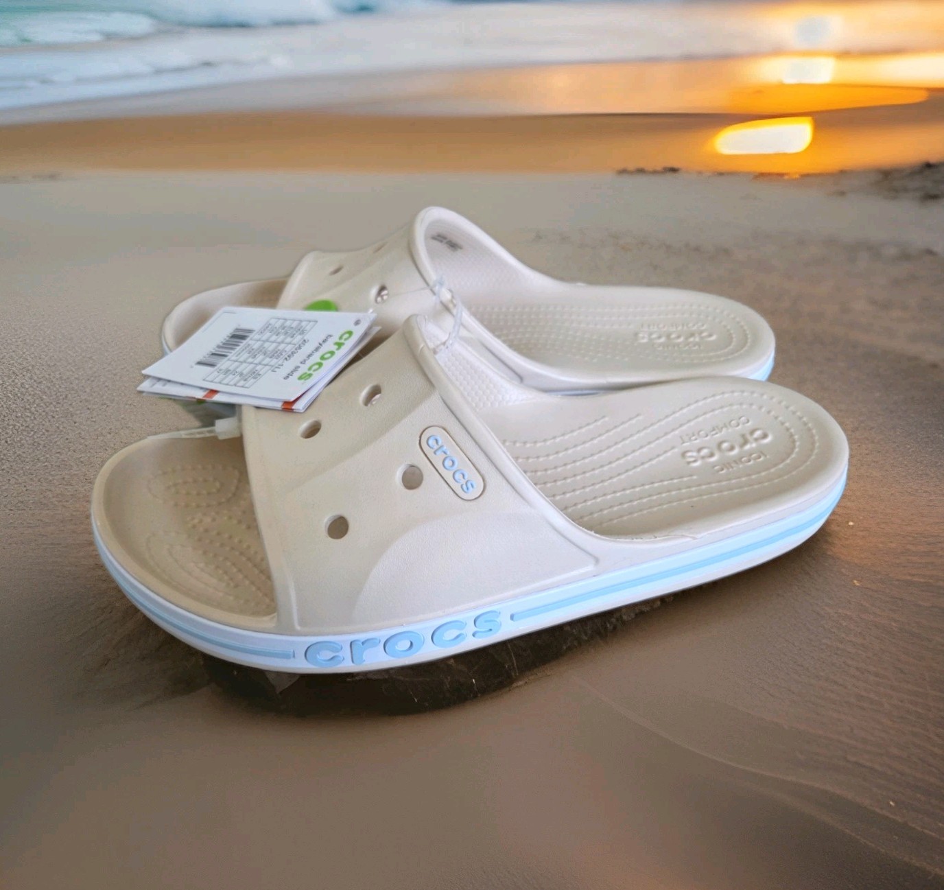 NWT M6 W8 Crocs Bayaband Creme Beige Flip Flops Sandals Men & Womens Beach Shoes