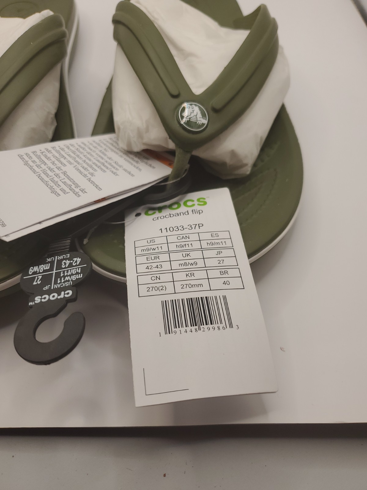 Crocs Crocband Olive Army Green Unisex Flip Flops Men’s Size 9 Women’s 11 NWT