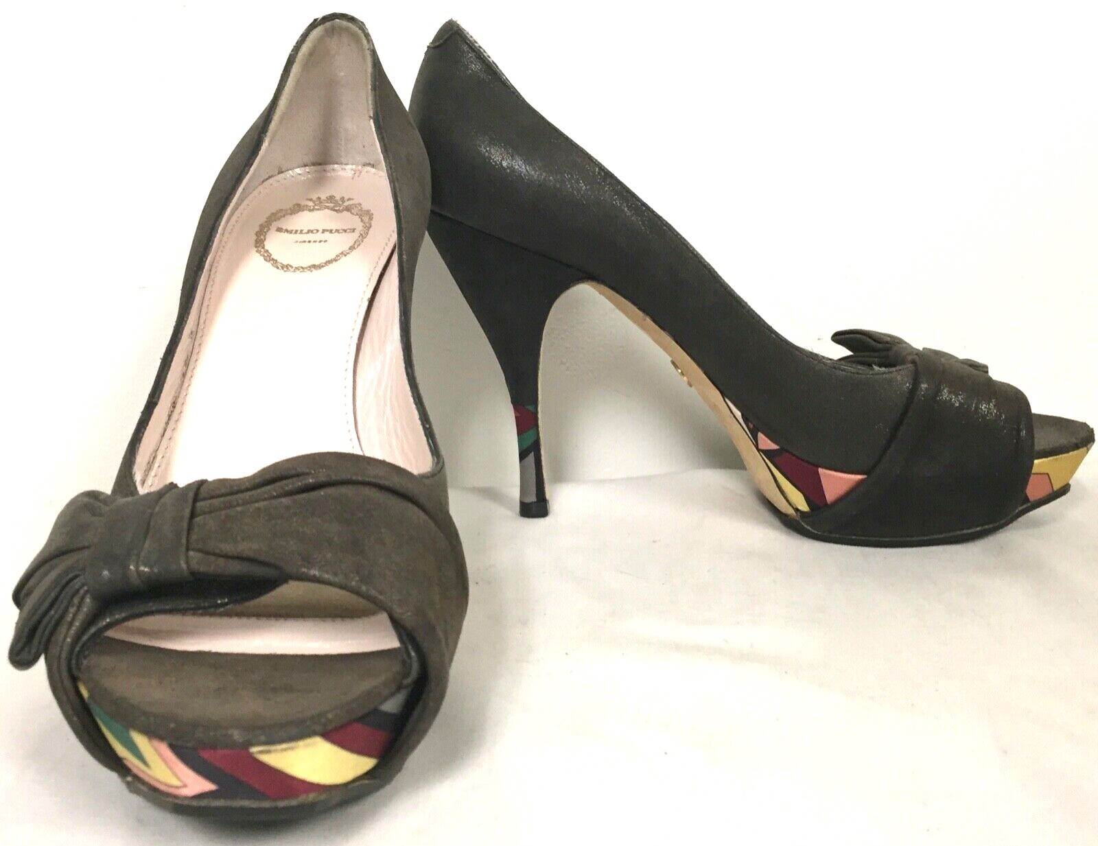 EMILIO PUCCI BROWN SUEDE FEEL W METALLIC PLATFORM PEEP TOE STILETTO PUMPS 38.5