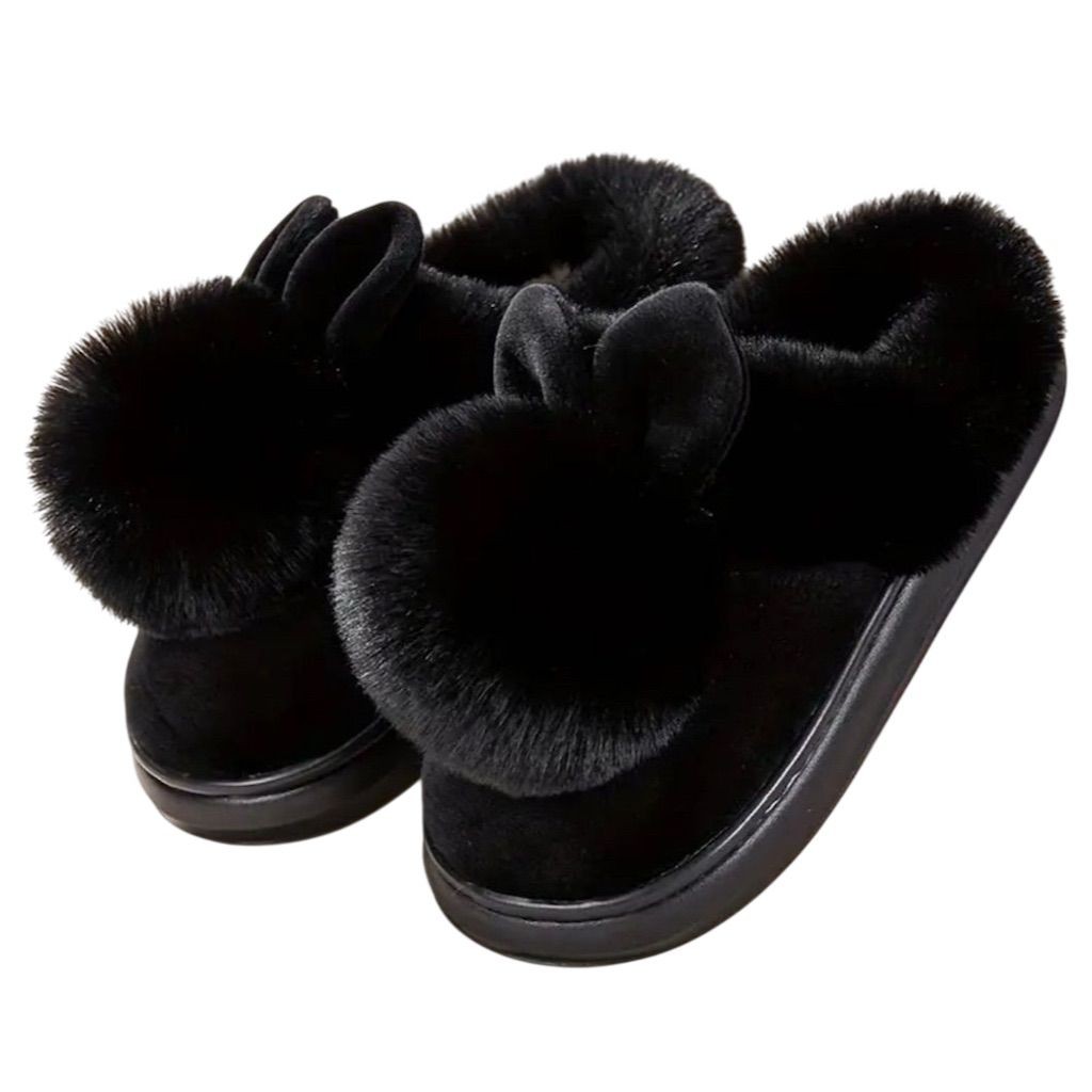 Women’s Bunny Plush Slippers Black 7 Indoor Warm Cozy Soft Fall Winter