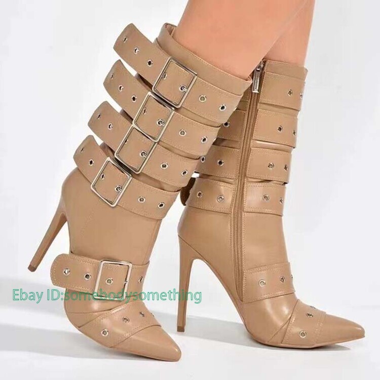 Womens Pointed Toe Buckles Punk High Stiletto Heels Mid Calf Boots Zipper Runway