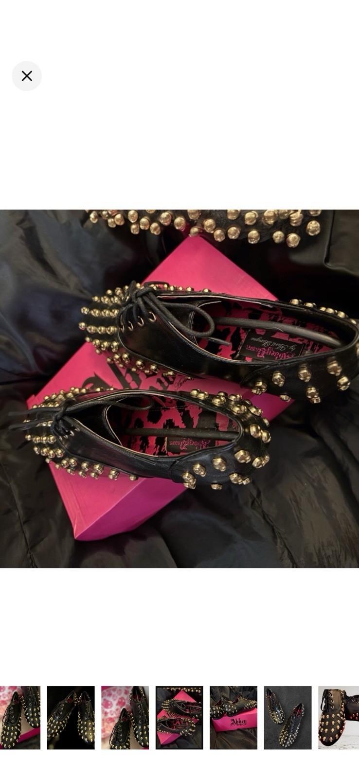 Abbey Dawn Women’s Black Studded Skull Accents Lace-Up Flats Black/Gold Size 8