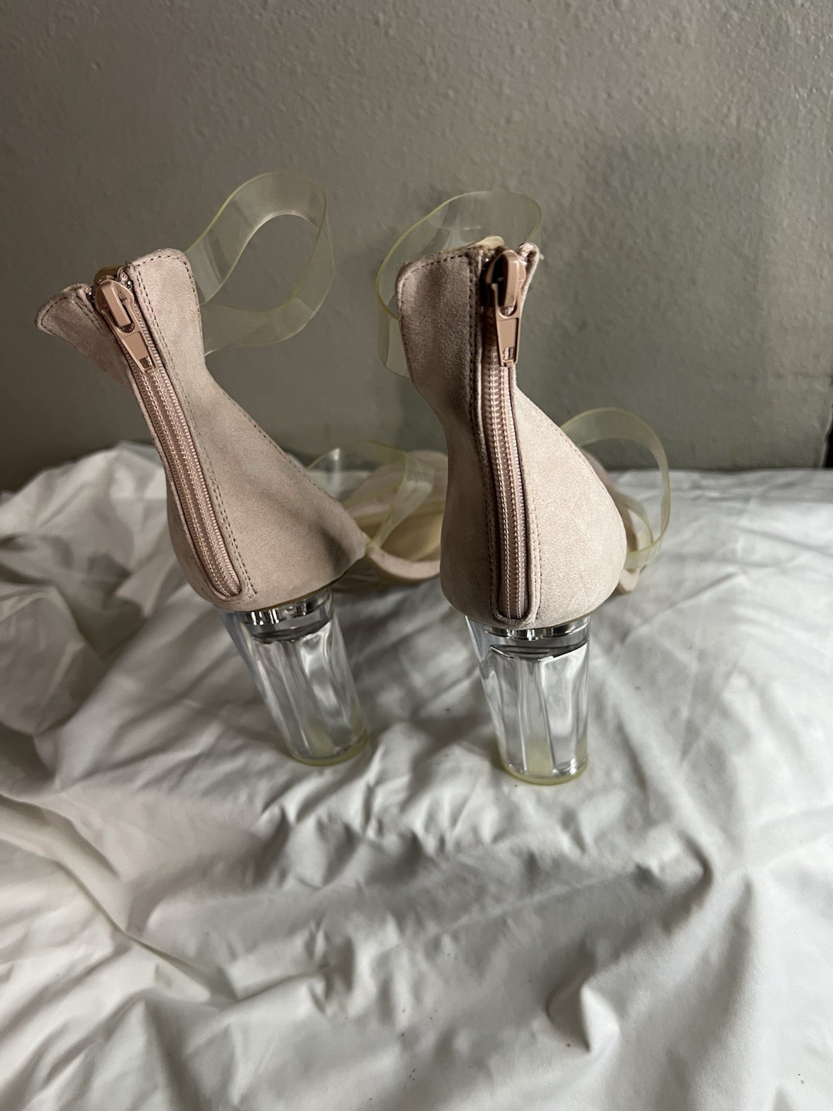Fashion Nova Beige/Clear Strappy Open Toe Ankle Strap Block Heel Zip 10