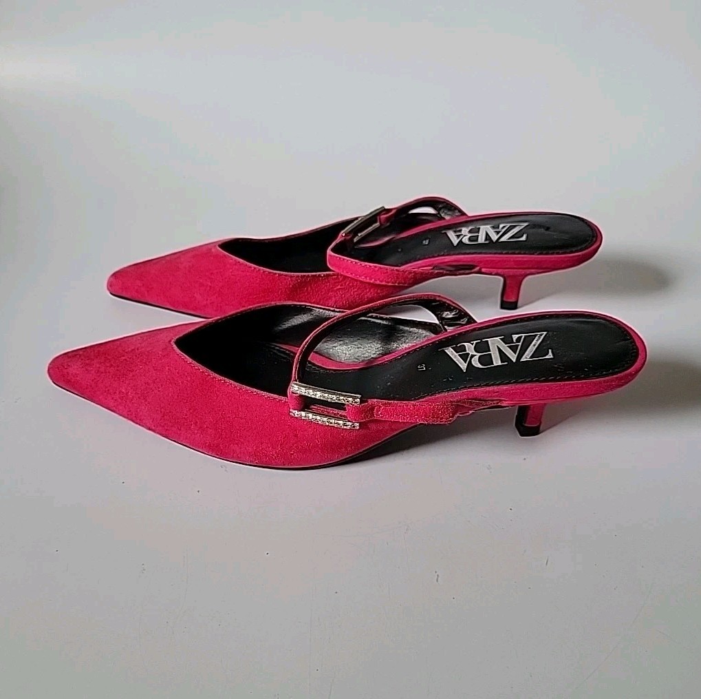 Zara Kitten Heel Point Toe Mules 7 Fuschia Pink Suede Chic Effortless Feminine