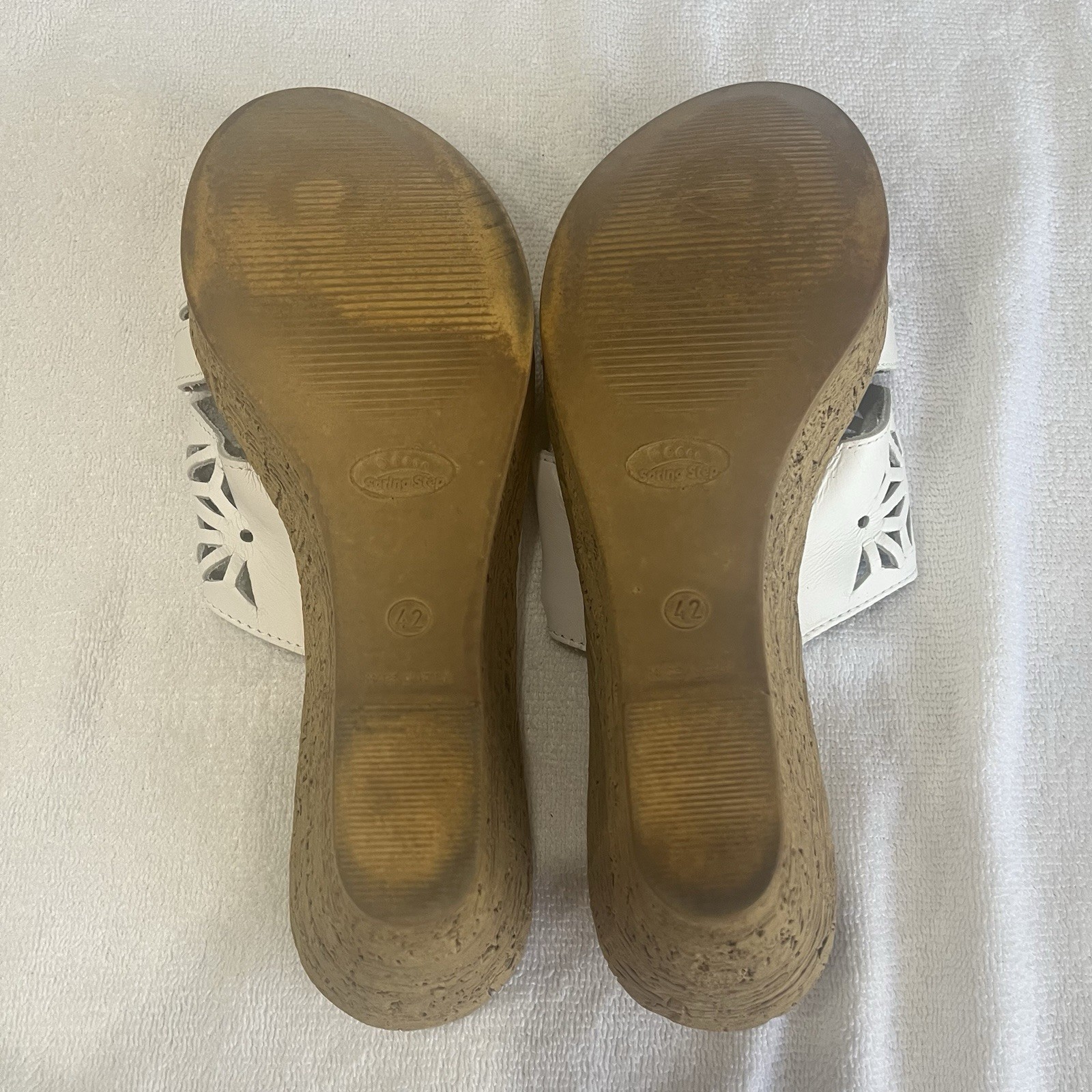 Spring Step Dora White Leather Laser Cut Summer Wedge Slide Sandal Cottagecore