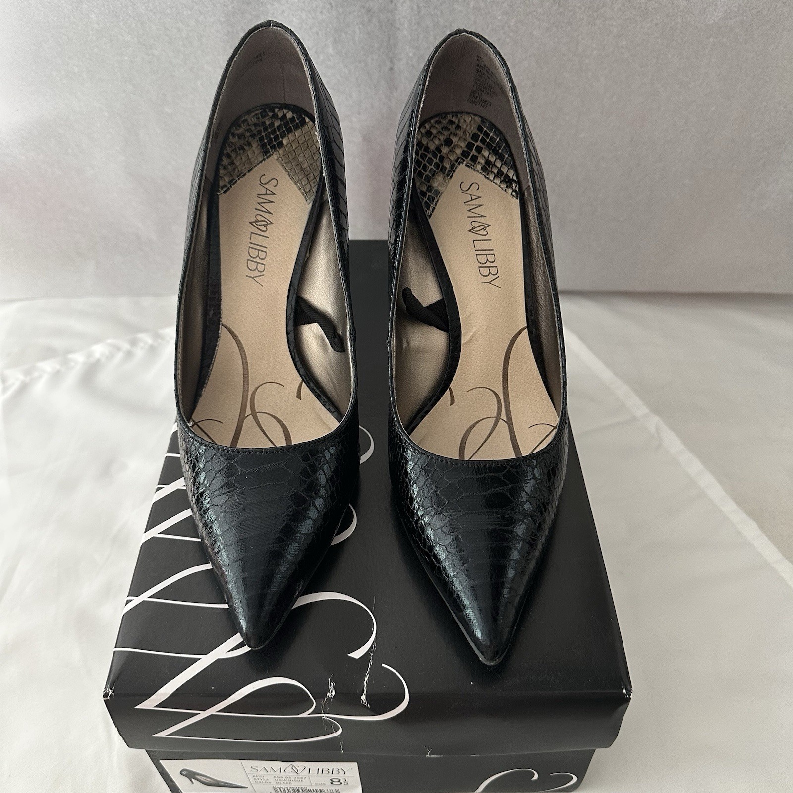 Sam & Libby Dominique Pointy Toe Stiletto Size 8.5 Black Faux Snakeskin 4″ Heel
