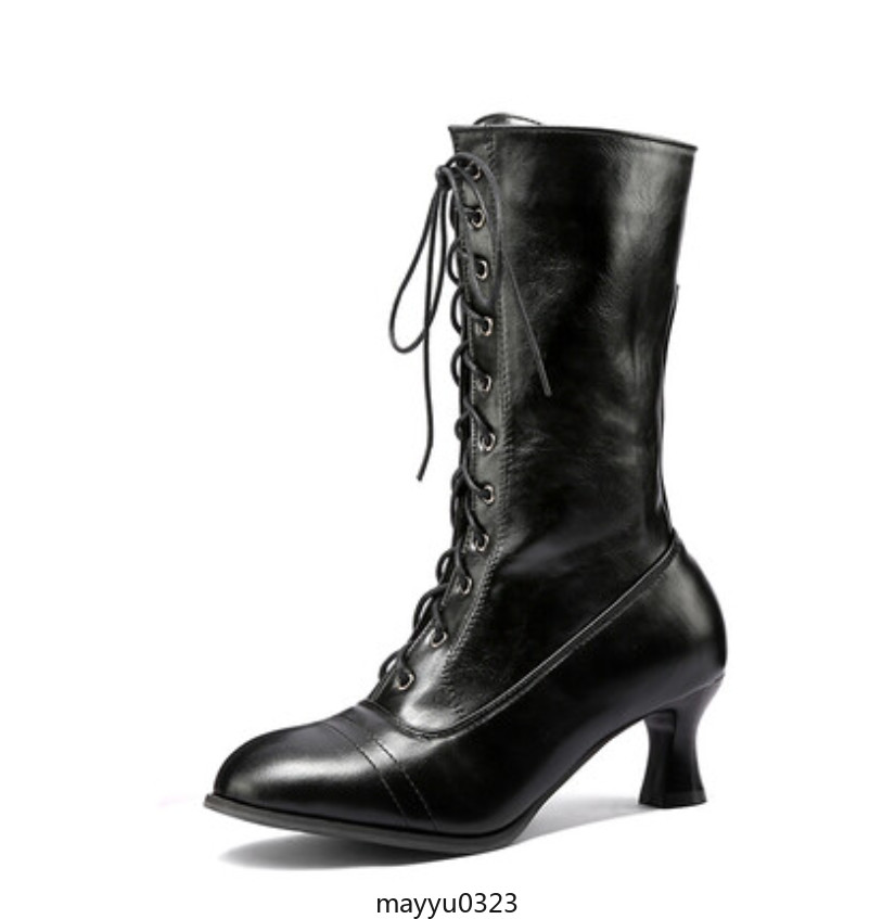 Vintage Womens Mid Kitten Heel Lace Up Faux Leather Ankle Boots Shoes Biker Hot