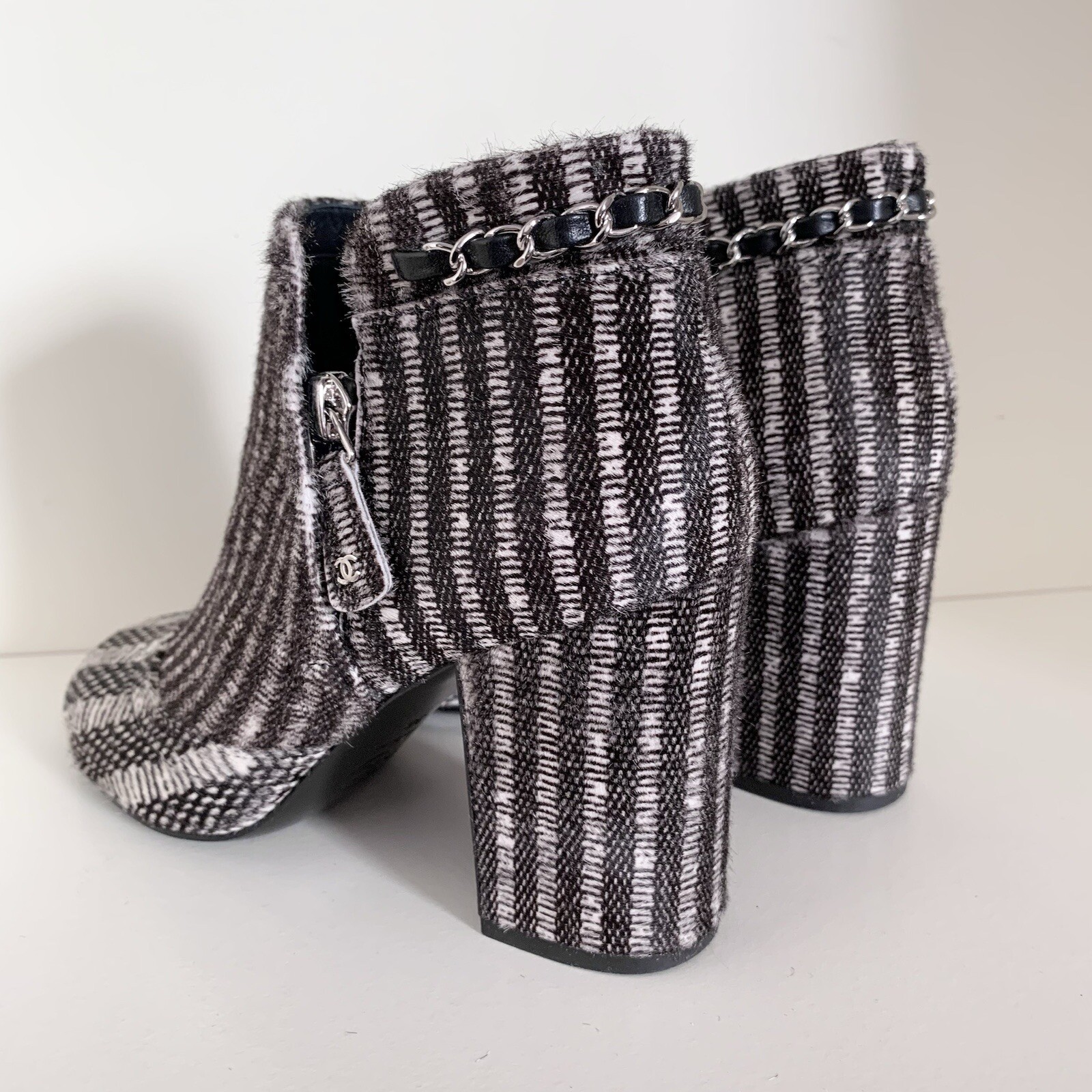 Chanel Pony Hair Chain Logo Zipper Heel Boots 36 Retail $2100