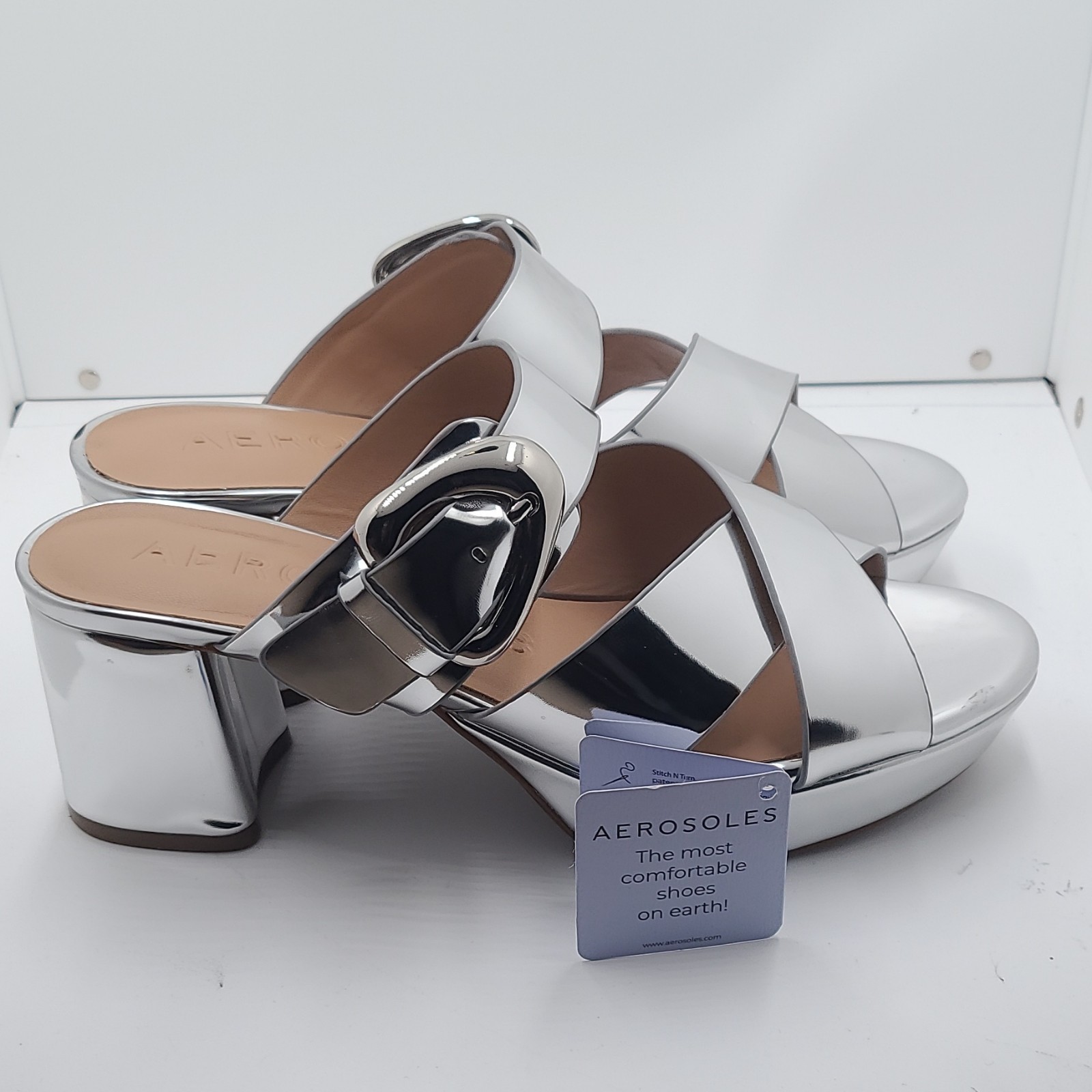 Aerosoles Silver Metallic Crisscross Buckle Slip-On Slide Sandals 9.5M