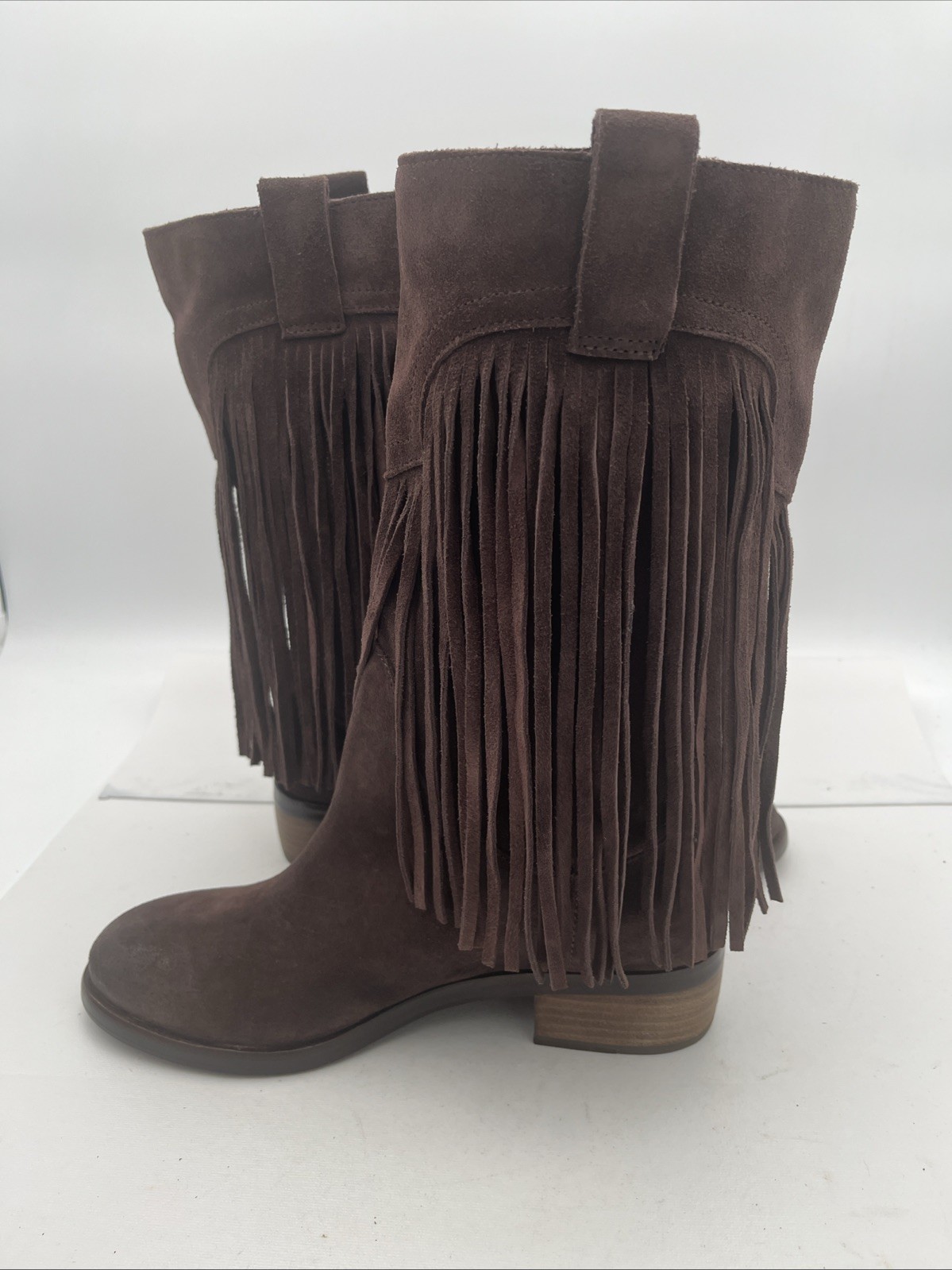Lucky Brand Caleb Fringe Suede Boots Womens 9.5M Brown Western Bohemian Retro