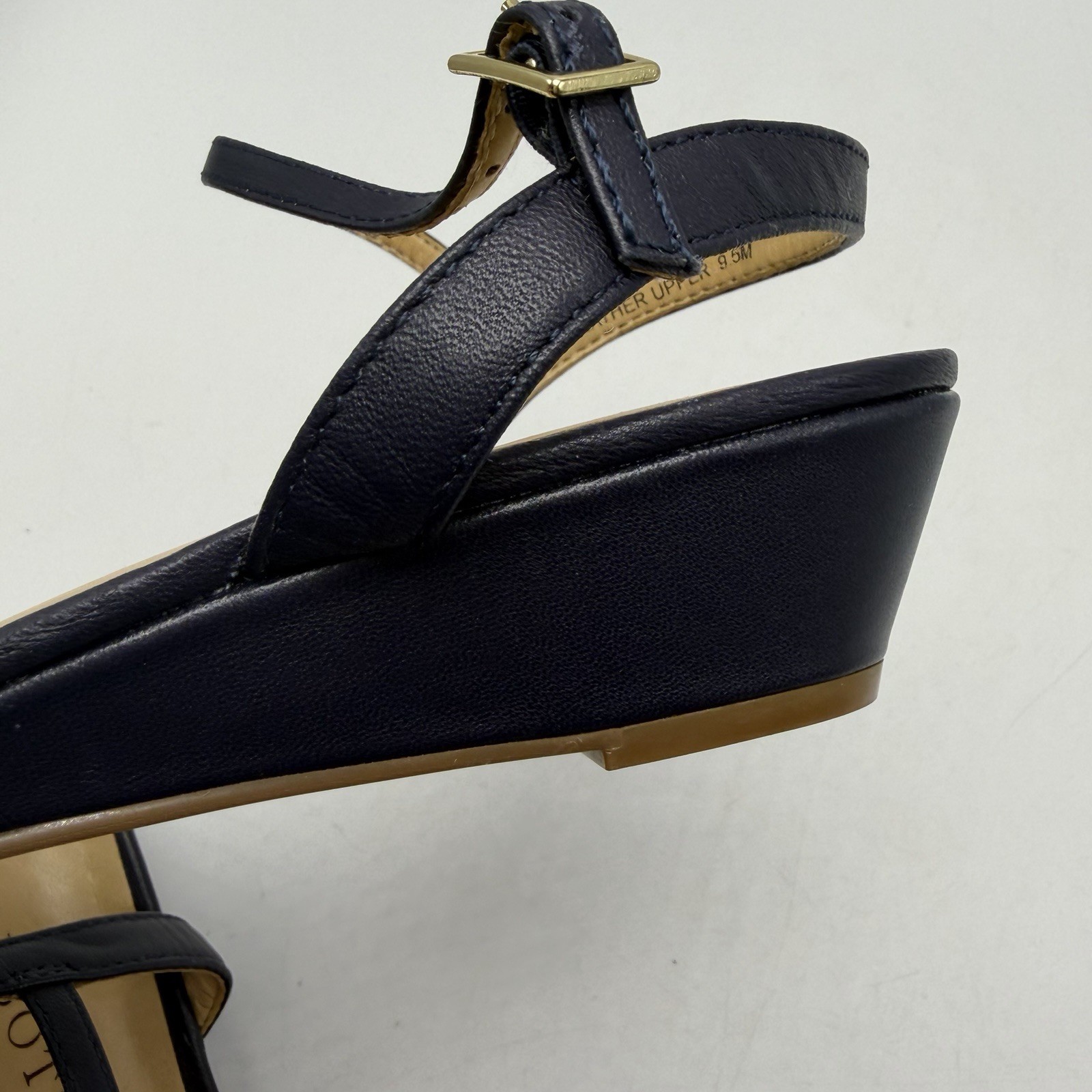 Talbots Capri Sandals 9.5 M Blue Leather Strappy Mini Wedge Minimalist Capsule