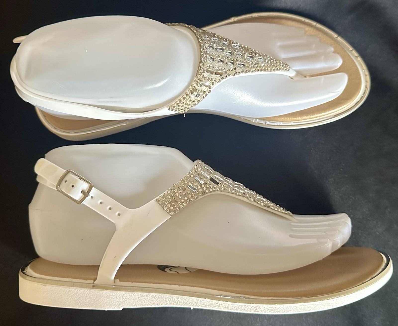 White VIA ROSA Rhinestone Jelly Slingback Thong Sandals US 8 / EU 39