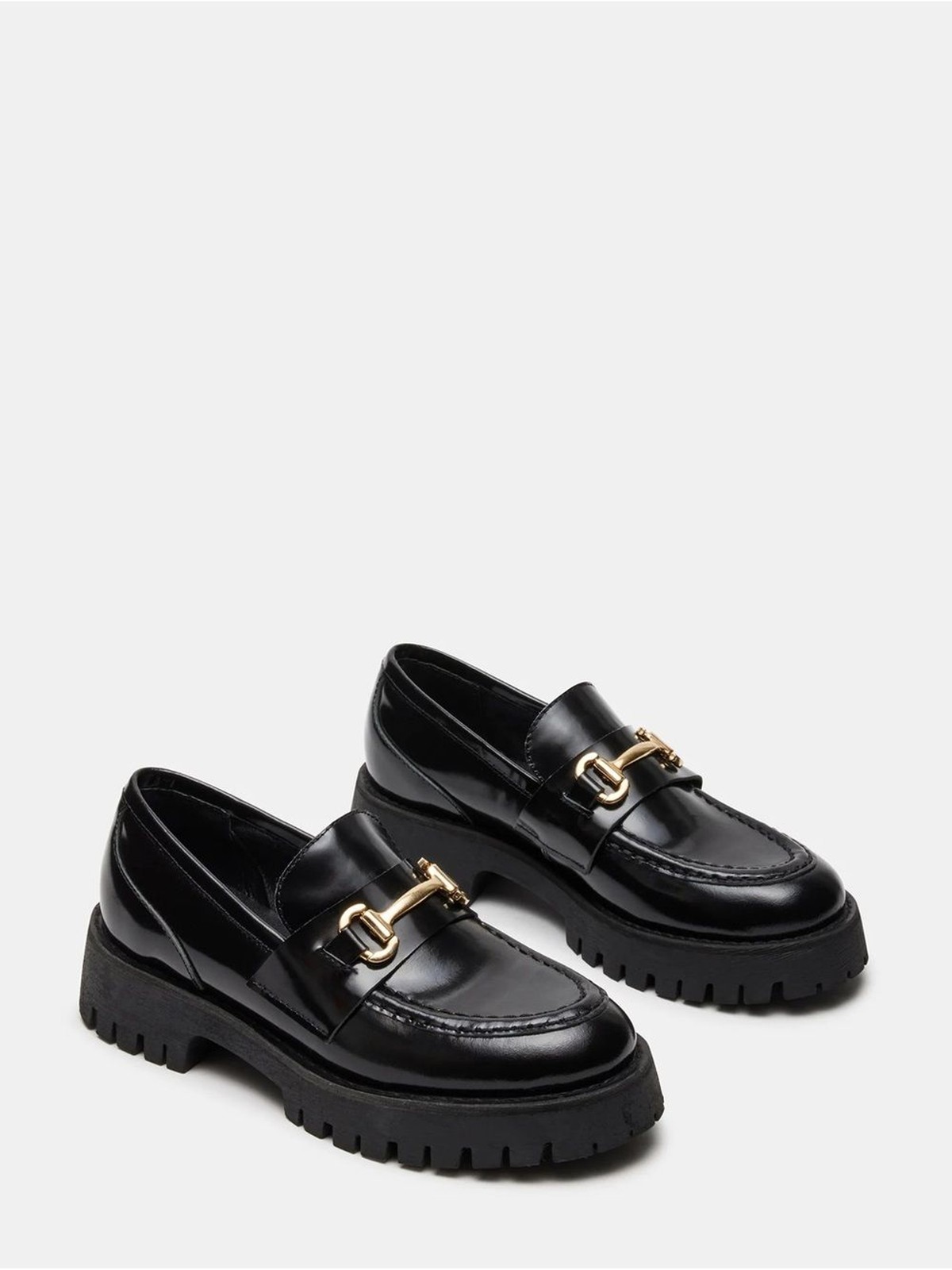 Steve Madden Lando Black Leather Chunky Loafers with Gold Buckle LIKE NEW Size 6