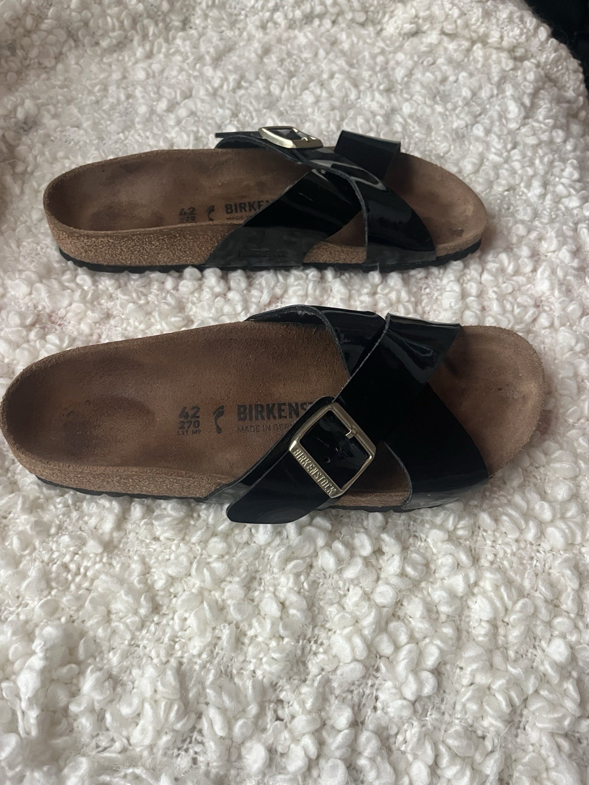 Birkenstock Sienna Black Patent Leather Slide Sandals Buckle US 11