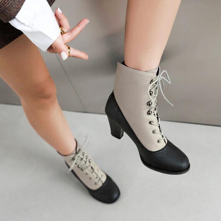 Women’s Ankle Boots Splicing Low Heel Lace Up Shoes Canvas Leather Patchwork NEW