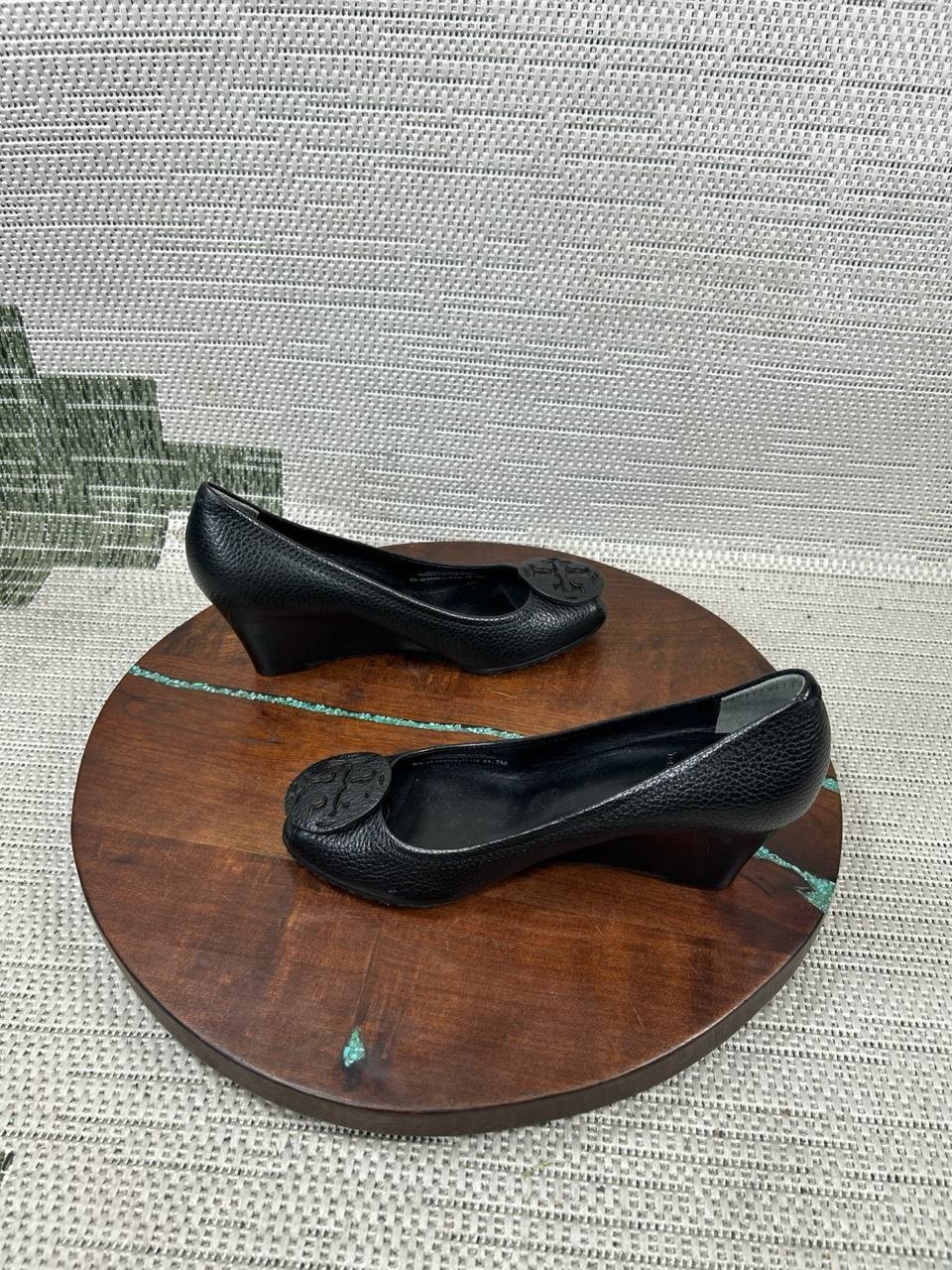 Tory Burch Heels Womens Size 7 M Sally Wedge Pump Black Leather Peep Toe Slip On