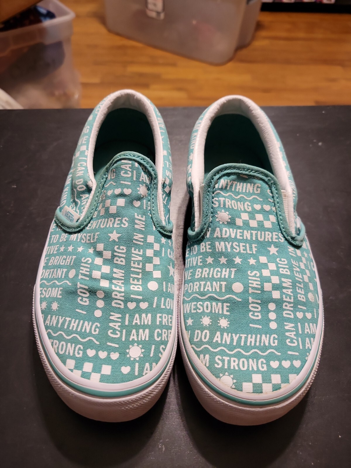 Vans Teal Slip On kids 2.5 Positive Sayings