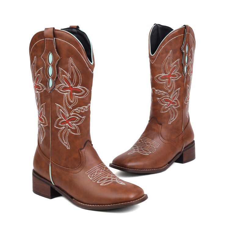 Women’s Faux Leather Pull on Embroidery Mid Calf Boots Retro Outdoor Party Shoes