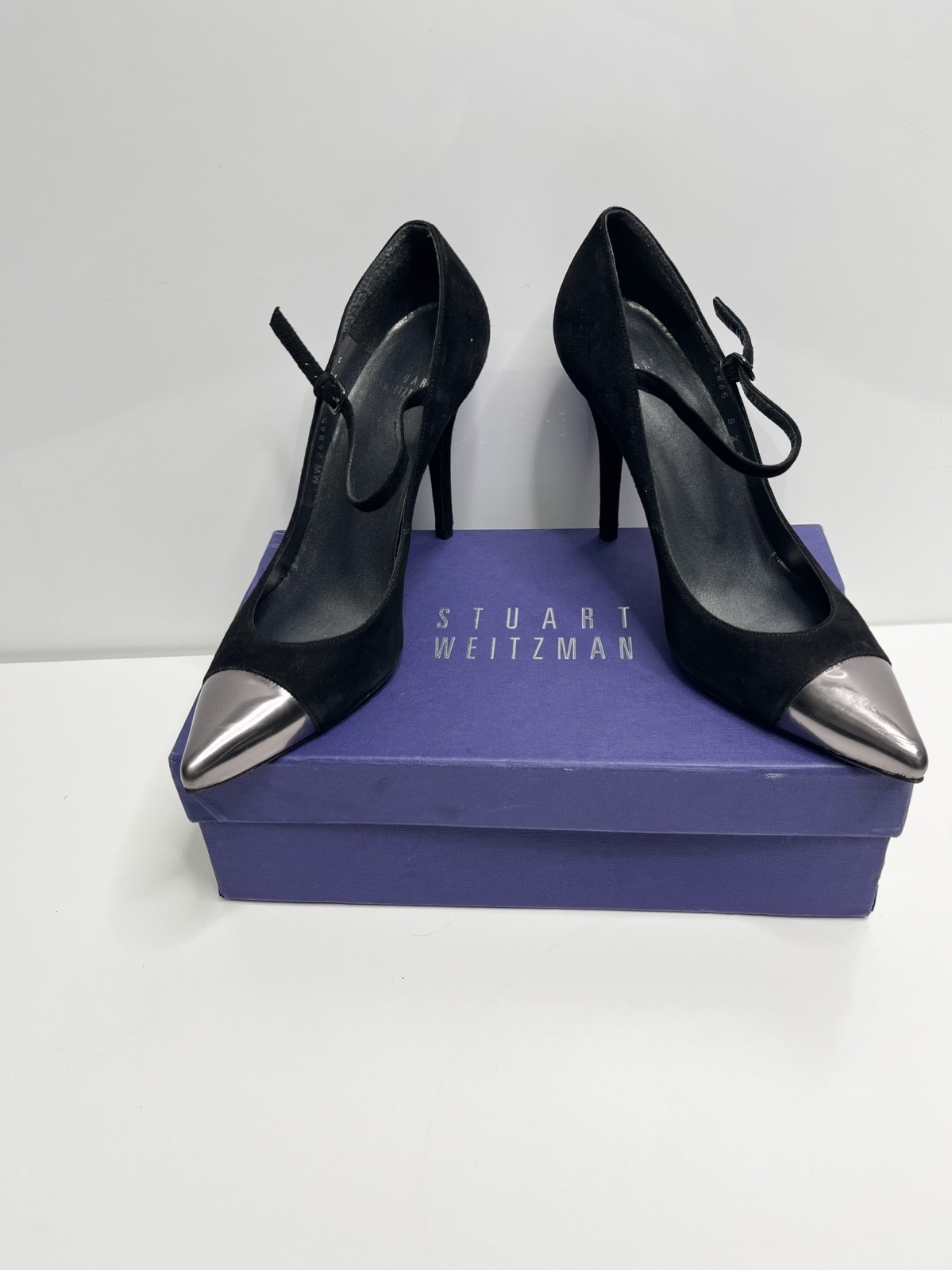 Stuart Weitzman Black Suede Metallic Cap Toe Chunky Stiletto MaryJane Pumps 8.5