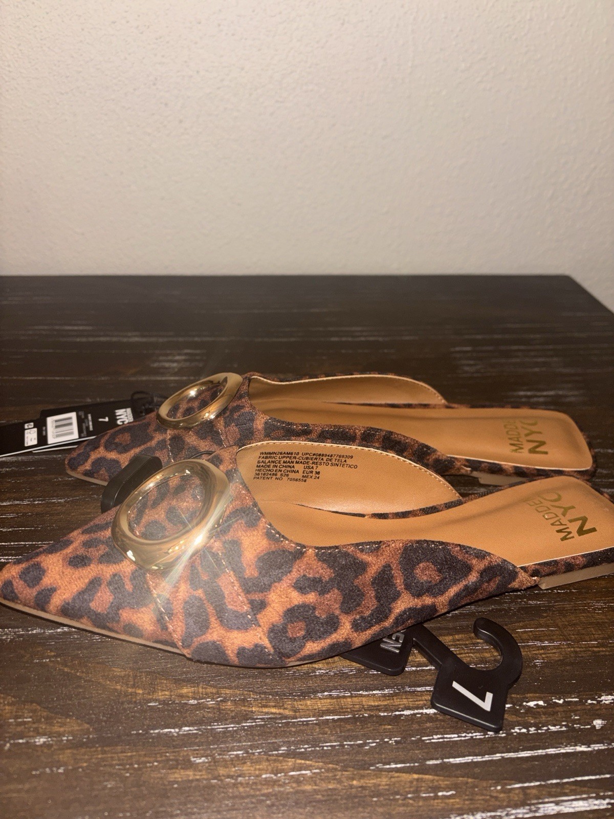 Madden NYC Mule Flats Womens 7 Leopard Print Animal Pointed Toe Gold Buckle NEW