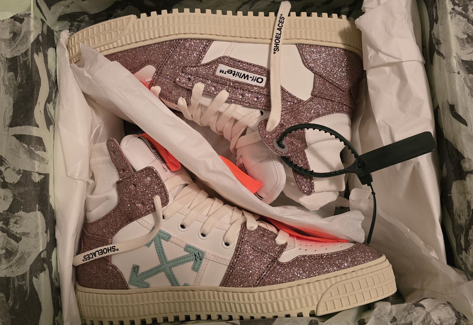 Off White 3.0 Off Court Special Glitter High Top Pink Teal Women’s Sneakers 8