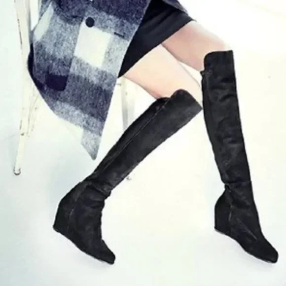 Stuart Weitzman Semi Boot Tall Stretch Back Suede Wedge Round Black OTK 5