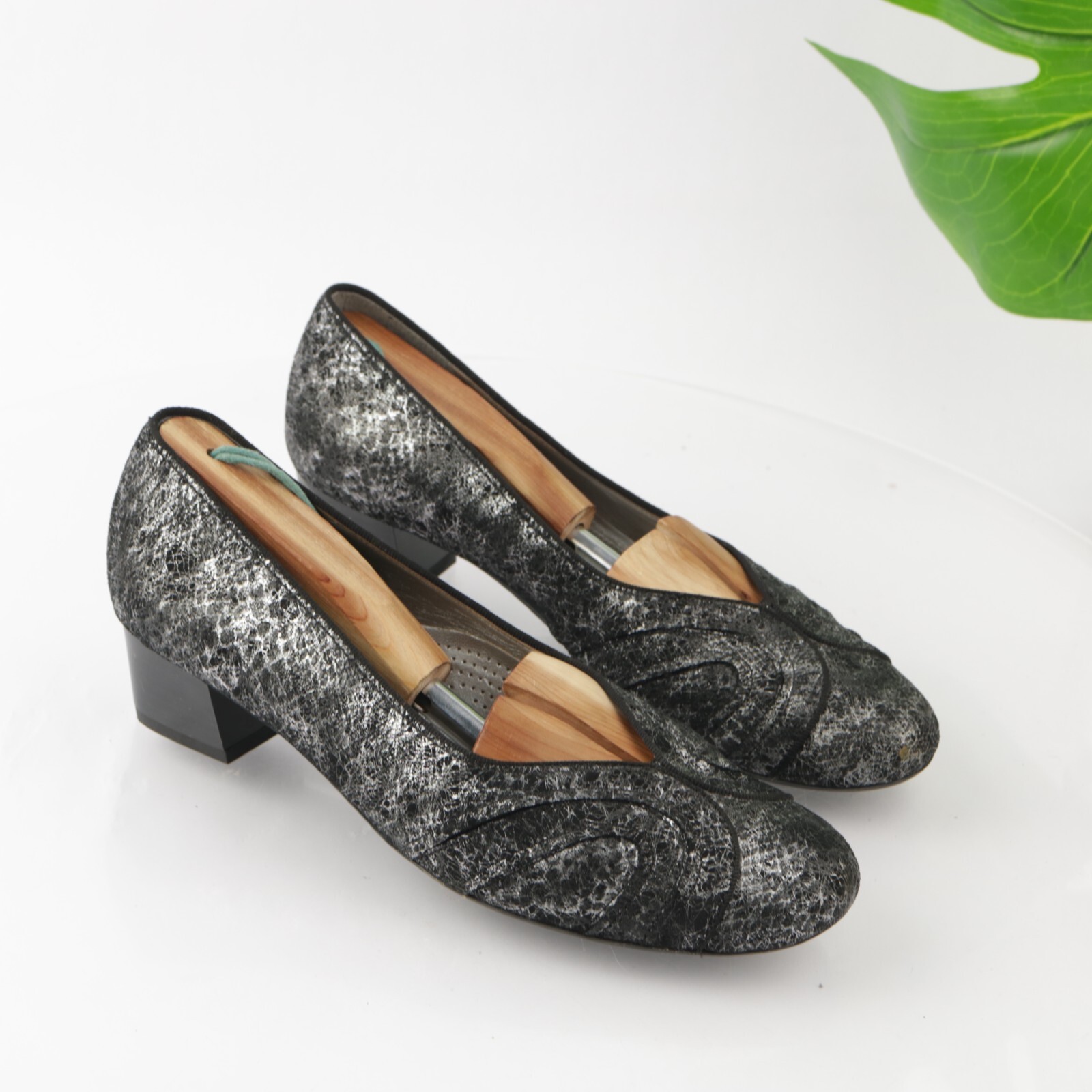 Ara Womens Gabrielle Pump Size 8 H Black Silver Python Block Heel Comfy Shoe