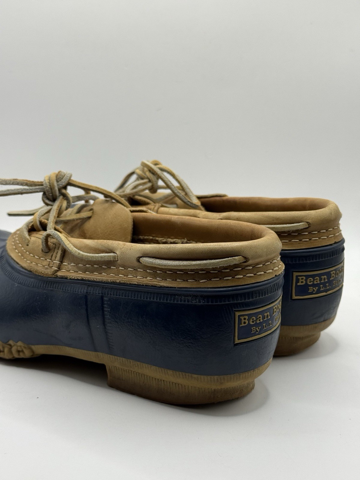 LL Bean Maine Hunting Shoe Womens 8 M Duck Boots Rubber Moc Tan Navy Low Top USA