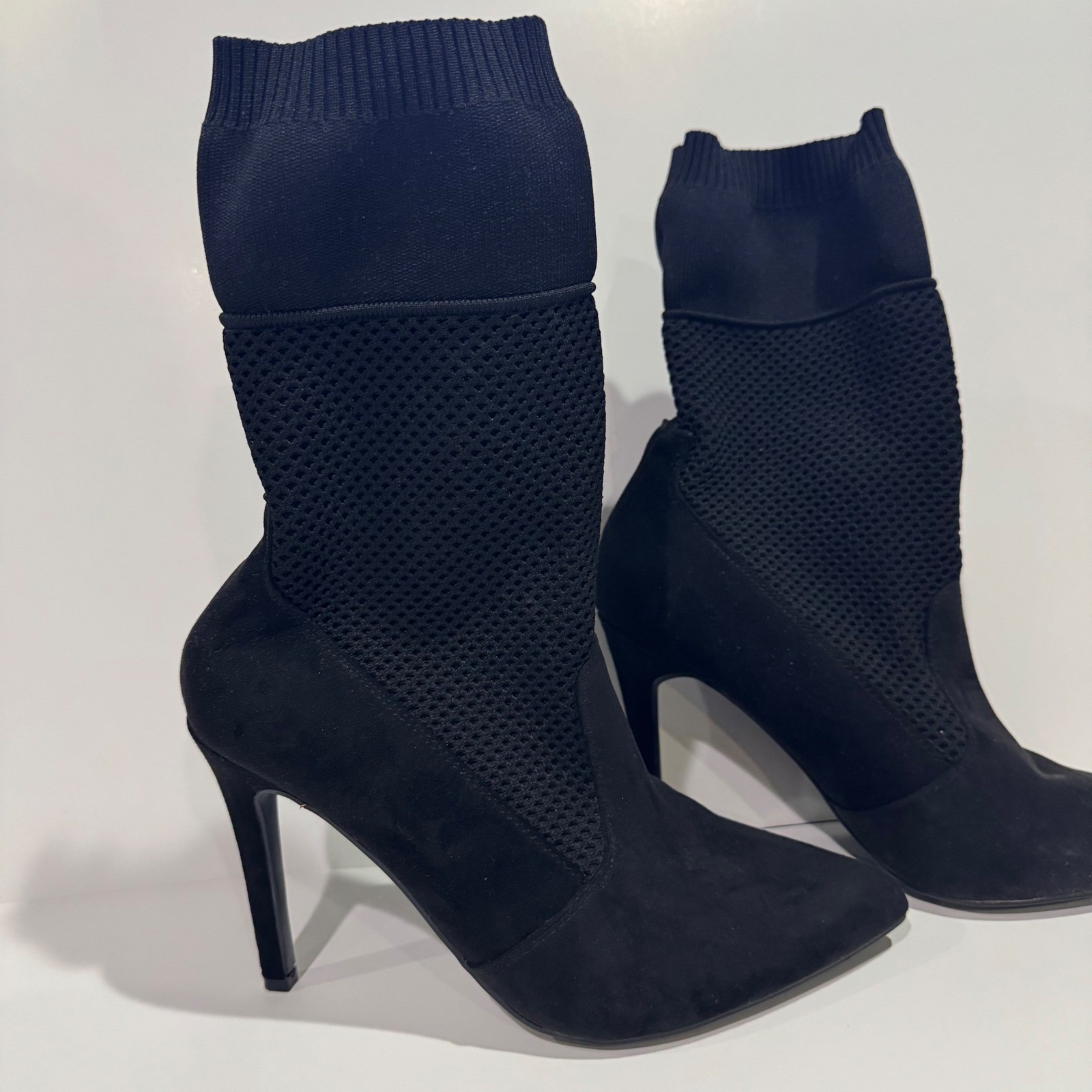 Anne Michelle Black Sock Booties Mesh Knit Stiletto Pointed Toe Mid Calf Size 8