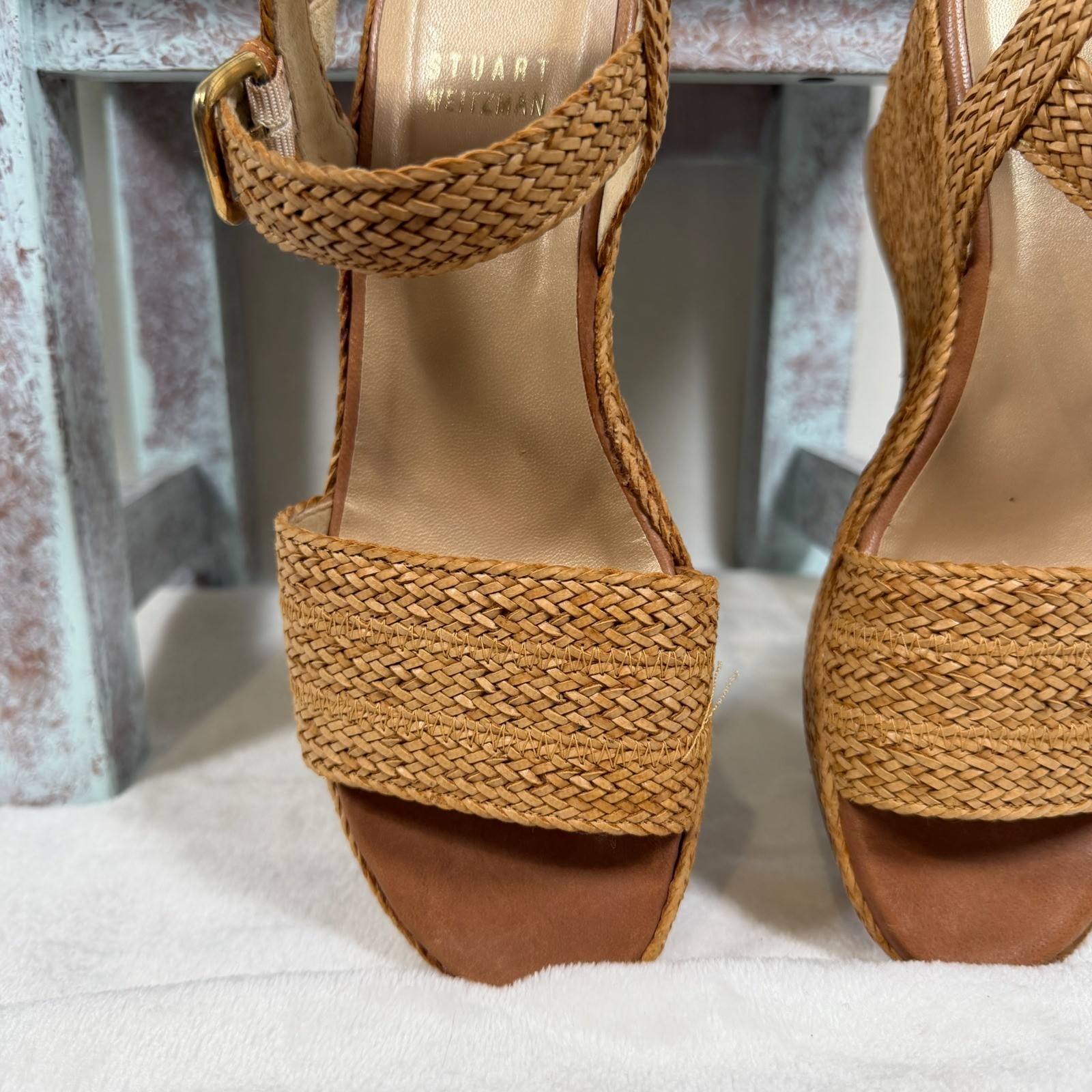 Stuart Weitzman Barbados Wedge Sandals Women 5.5 Tan Woven Platform Ankle Strap