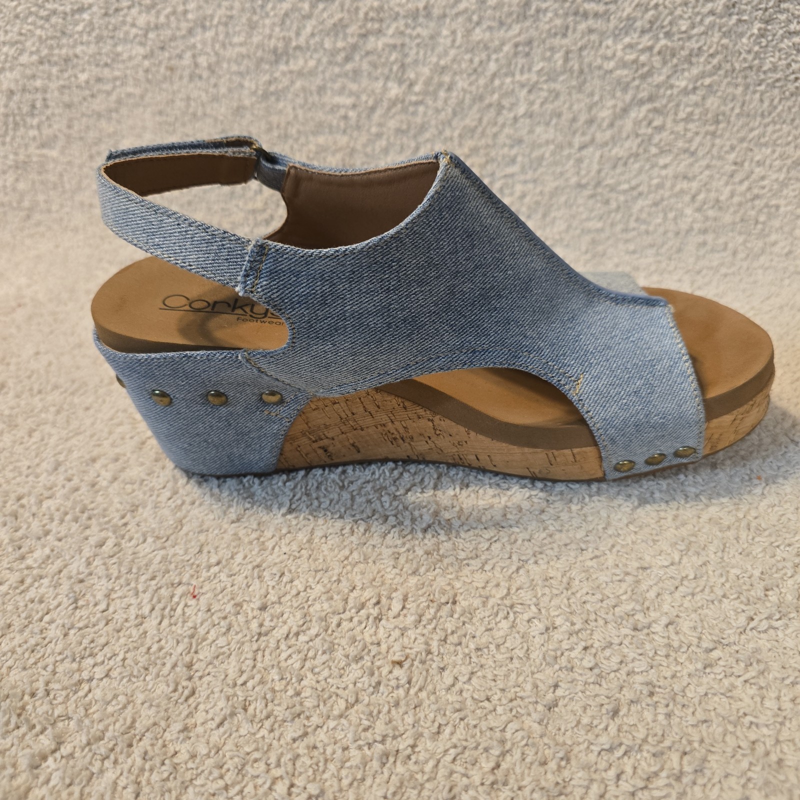 Corkys Carley Wedge Slingback Sandals Denim Blue Studded Open Toe Women’s Size 9