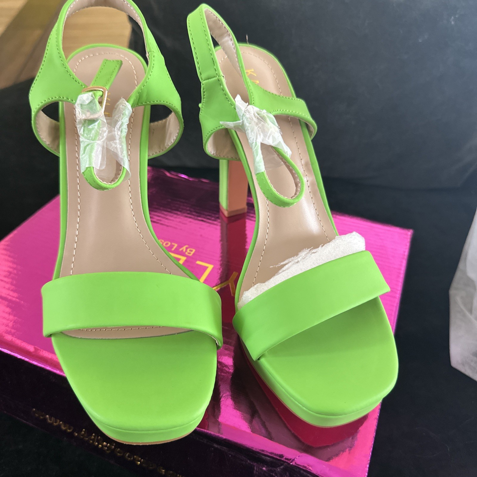 Kayleen Women’s 7 Matte Lime Green Platform Block Heel Ankle Strap Buckle