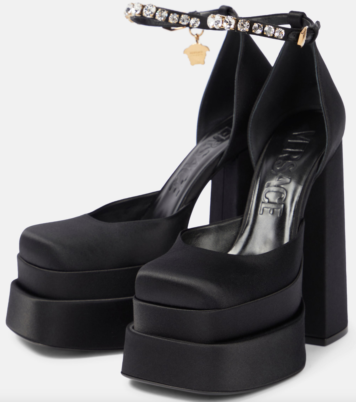 NIB Versace Medusa Aevitas Black Satin Crystal Logo Platform Pumps Sz 39.5 $1575