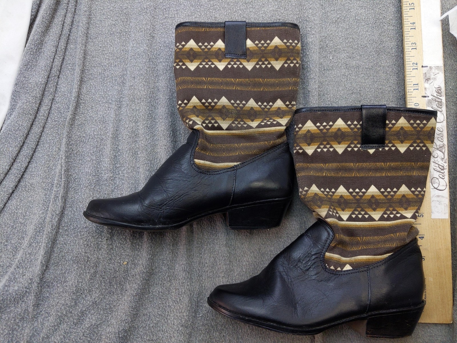 UNIONBAY Boots Womens Size 6 36.5 Brown Canvas Western Mid Calf Block Heel Boho