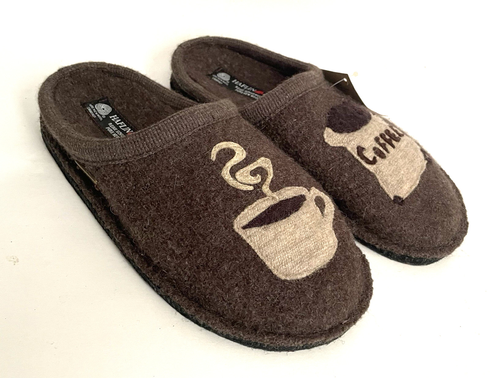 HAFLINGER COFFEE SLIPPERS Women’s EU-39 US-8 Brown Wool APPLIQUE NEW NWT