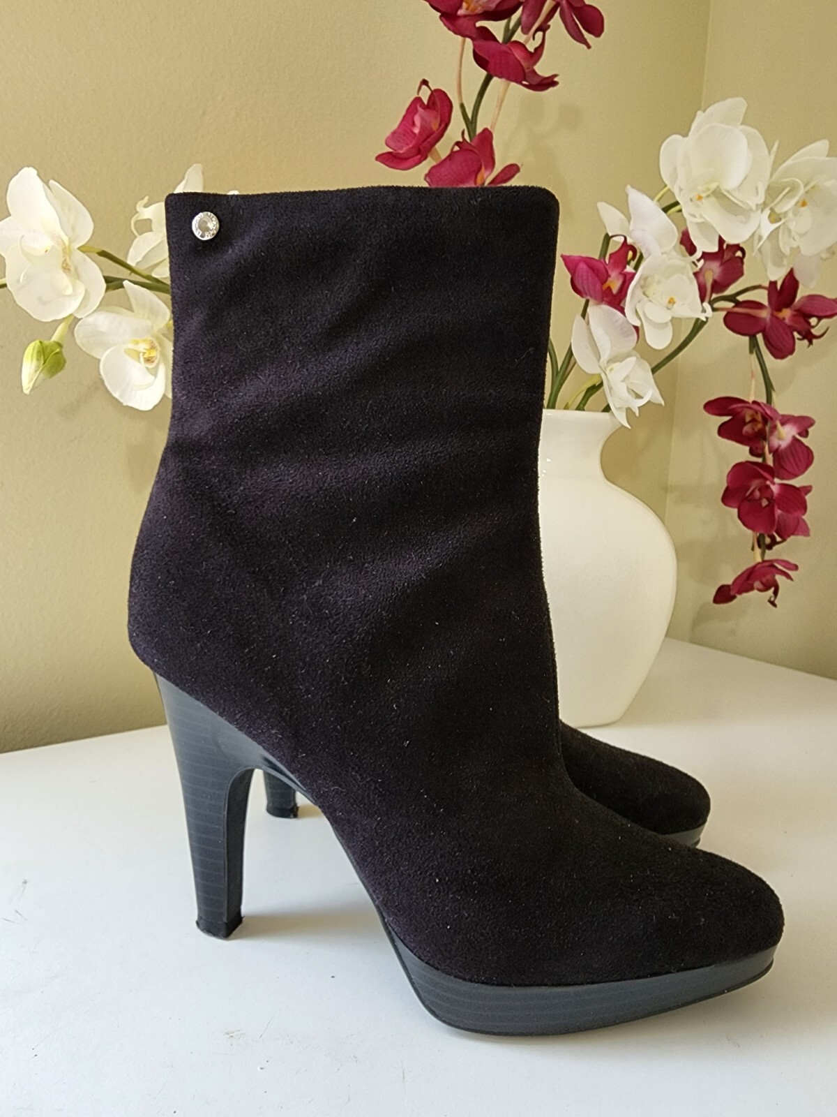 Isaac Mizrahi Brea Black Faux Suede Mid Calf Platform High Heel Boots Sz. 7