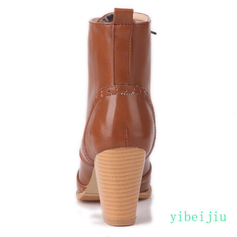 Spring Womens Round Toe Leather Lace Up Ankle Boots Mid Heel Shoes Plus Size NEW