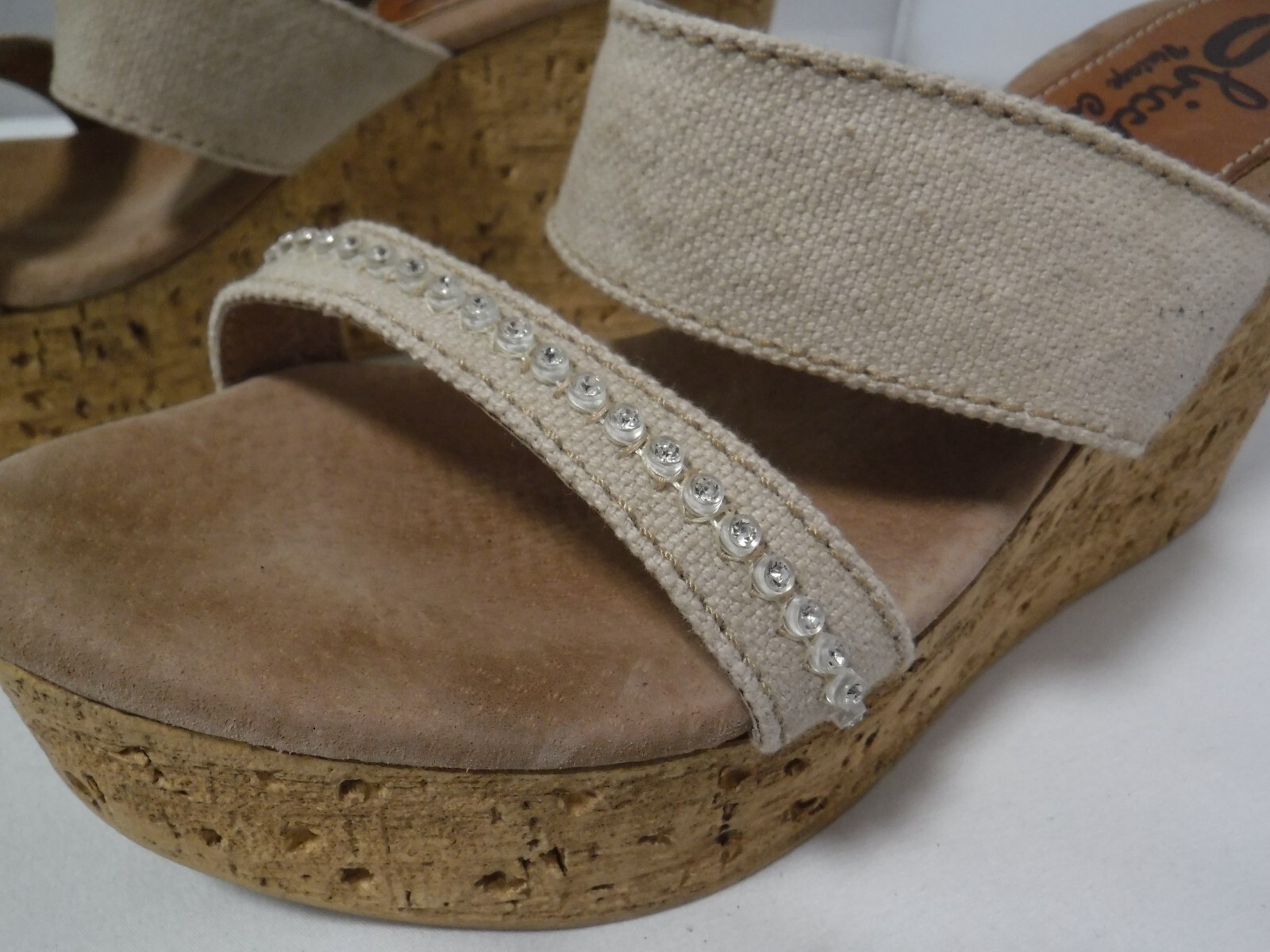 PF2 SBICCA Vintage Collection Cork Platform Beige Canvas Wedge Heel Sandals 8 39
