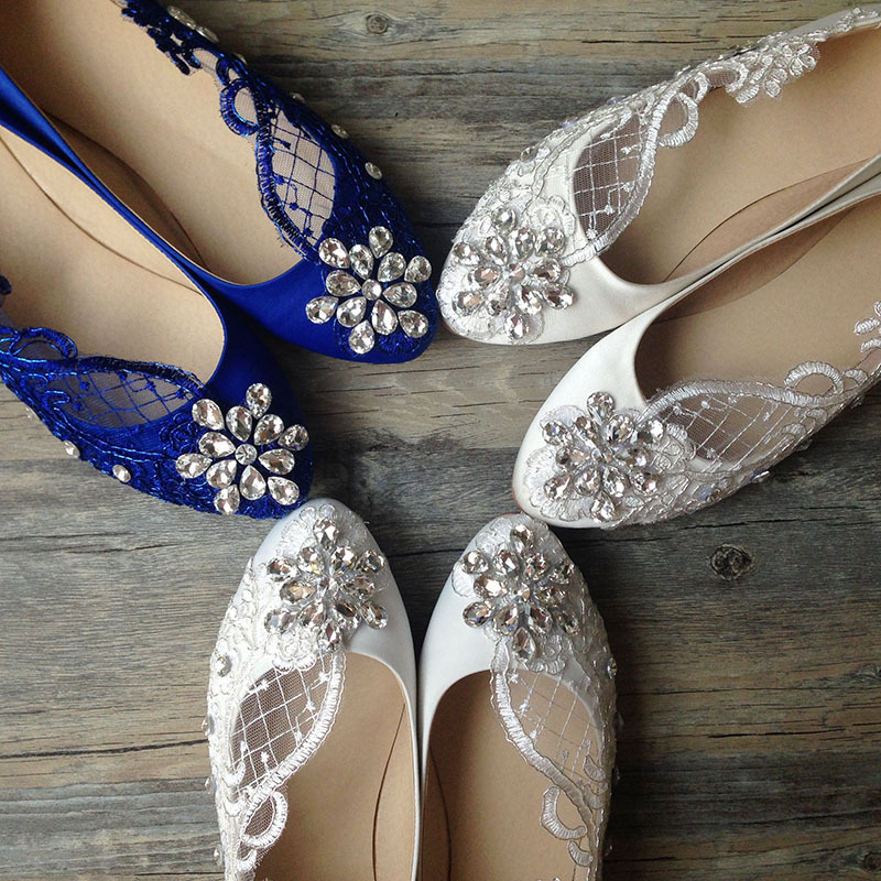 Satin White Ivory Blue Lace Gem Lady Wedding Formal Bridal Bridemaid Flat Shoes