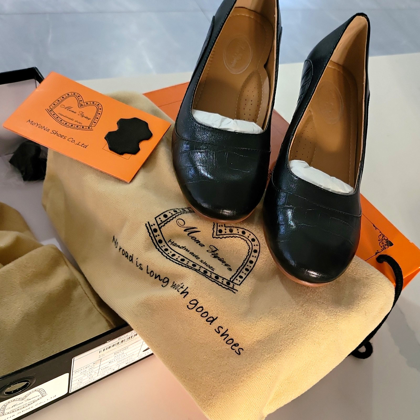 Mona Flying Women’s Black Round Toe Wedge Pump Handmade Sheepskin US 10.5