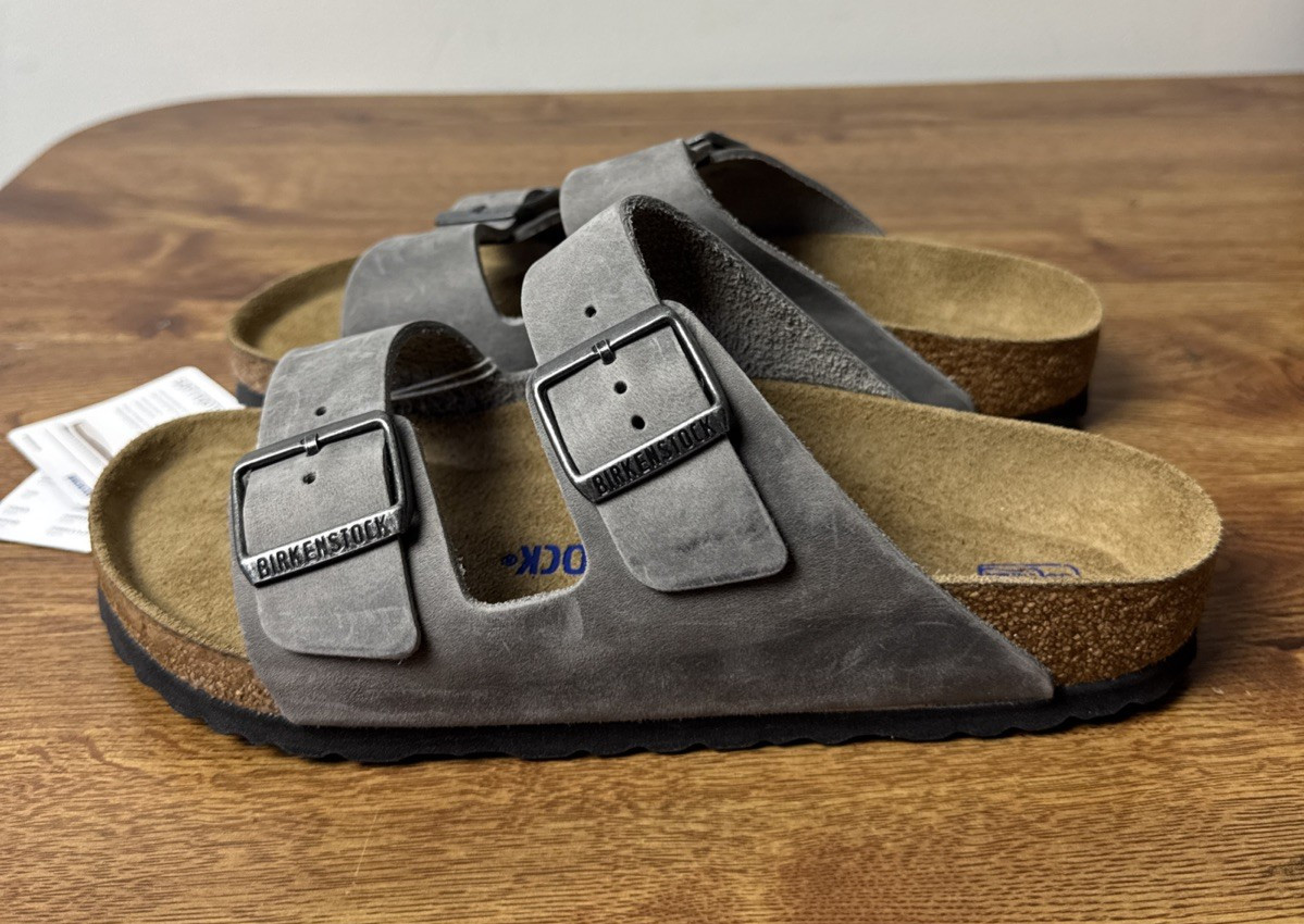 Birkenstock Sandals Unisex Arizona Iron Oiled Leather Slides Soft Footbed M6 W8