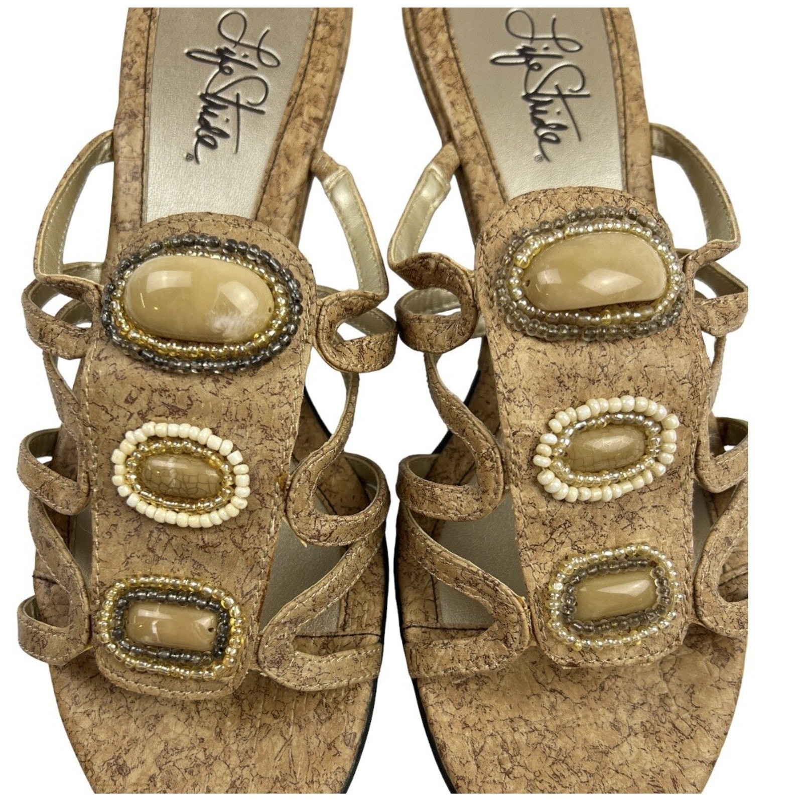 Life Stride Sandals Womens 9.5 Beige Urban Cork Wedge Strappy Slide